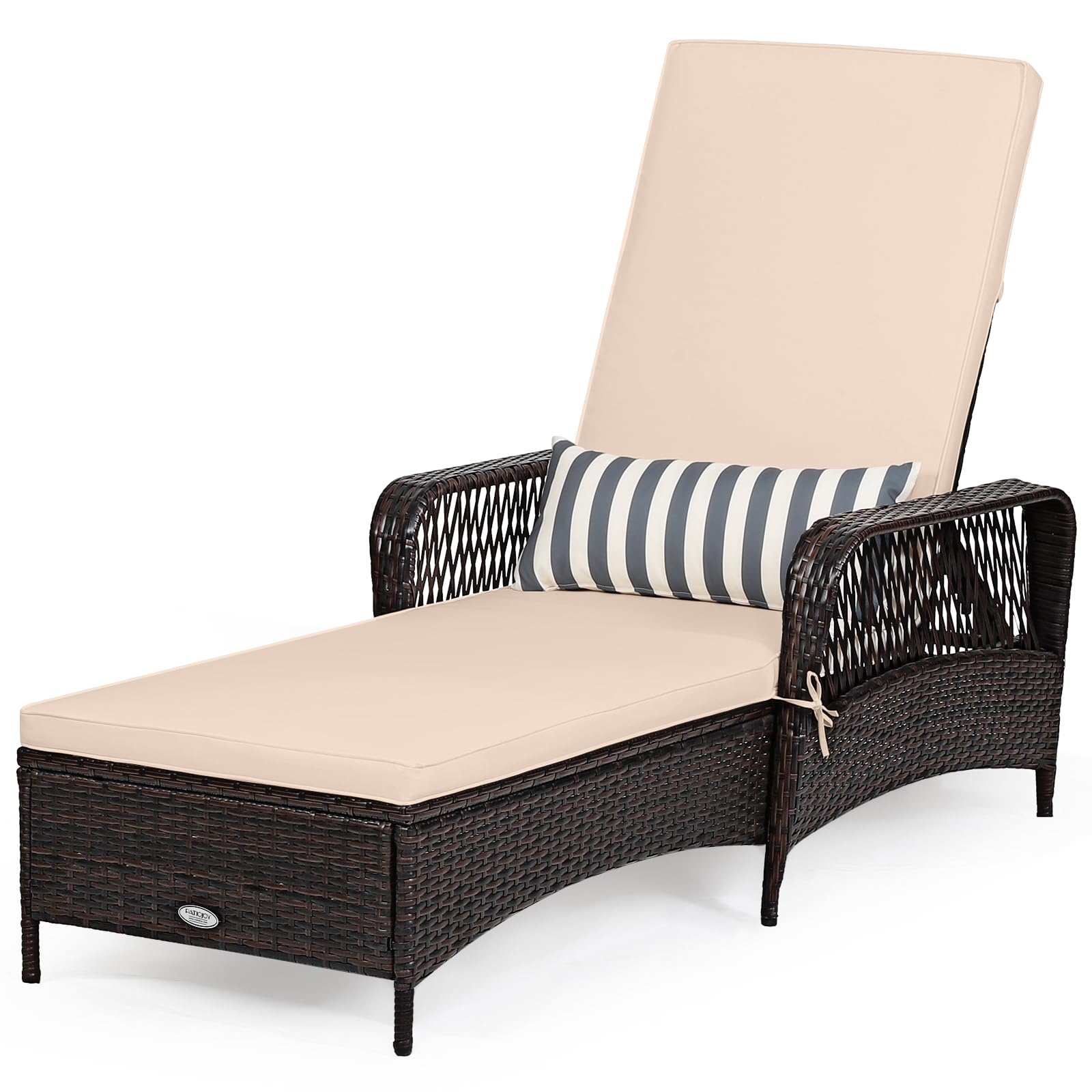 Tangkula Wicker Chaise Lounge Outdoor, Patio Rattan Reclining Chaise with 6-Gear Adjustable Backrest, Thick Padded Cushion & Removable Lumbar Pillow, Pool Lounge Chairs for Outside Balcony Backyard