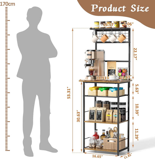 5 Tier Coffee Bar Station, Kitchen Stand with 4 S-Shaped Hooks, Farmhouse Corner Coffee Bar Cabinet for Small Spaces, Bakers Rack for Kitchen, Entryway, Living Room, 13.43"D x 18.93"W x 53.31"H