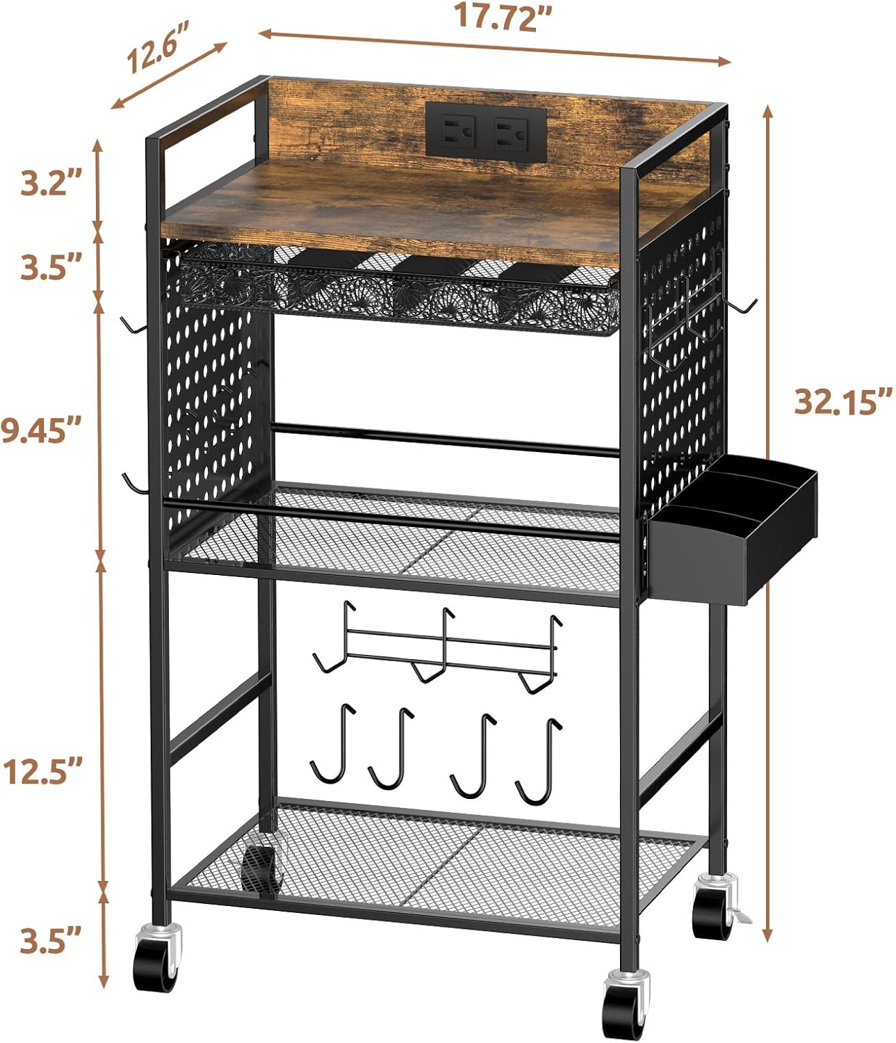 Compact Coffee Bar Cabinet with Power Outlet, Lockable Wheels, and Storage Drawer - Rustic Brown & Black for Office, Living Room, or Small Spaces