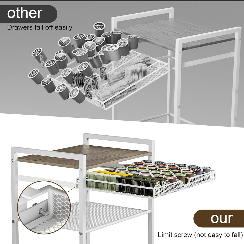 Coffee Bar Cabinet with Storage，5 Tier Coffee Station Table on Wheels, 33.6" H Cart with Drawer for Home Kitchen, Liquor Buffet Sideboard Cabinet (Modern White)