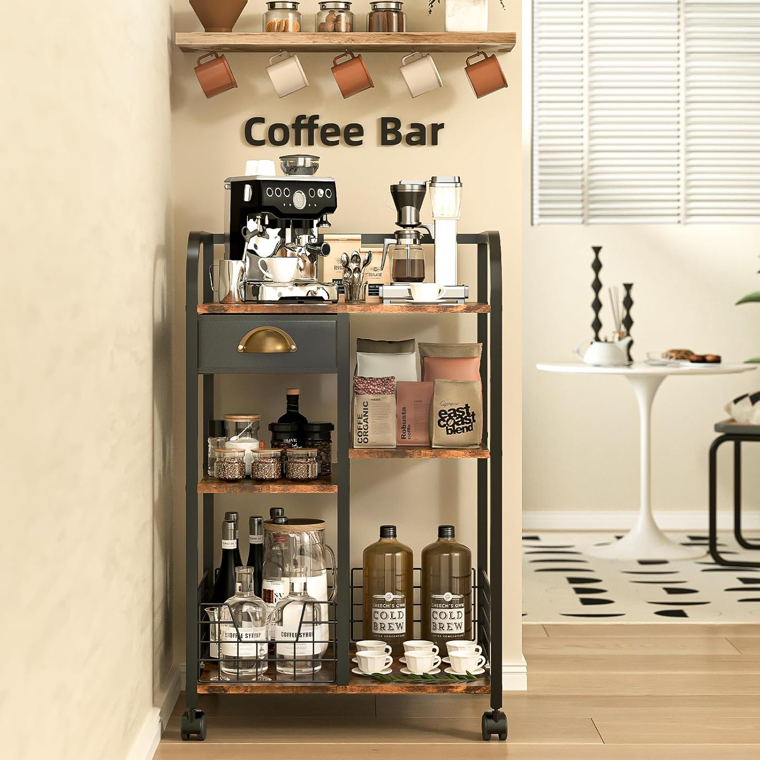 keomaisyto Coffee Cart with Storage Drawer, Coffee Bar Cabinet with Wheels, 4-Tier Adjustable Mobile Coffee Table, Rustic Wood Coffee Bar Station for Kitchen/Entrance/Living Room/Dining Room
