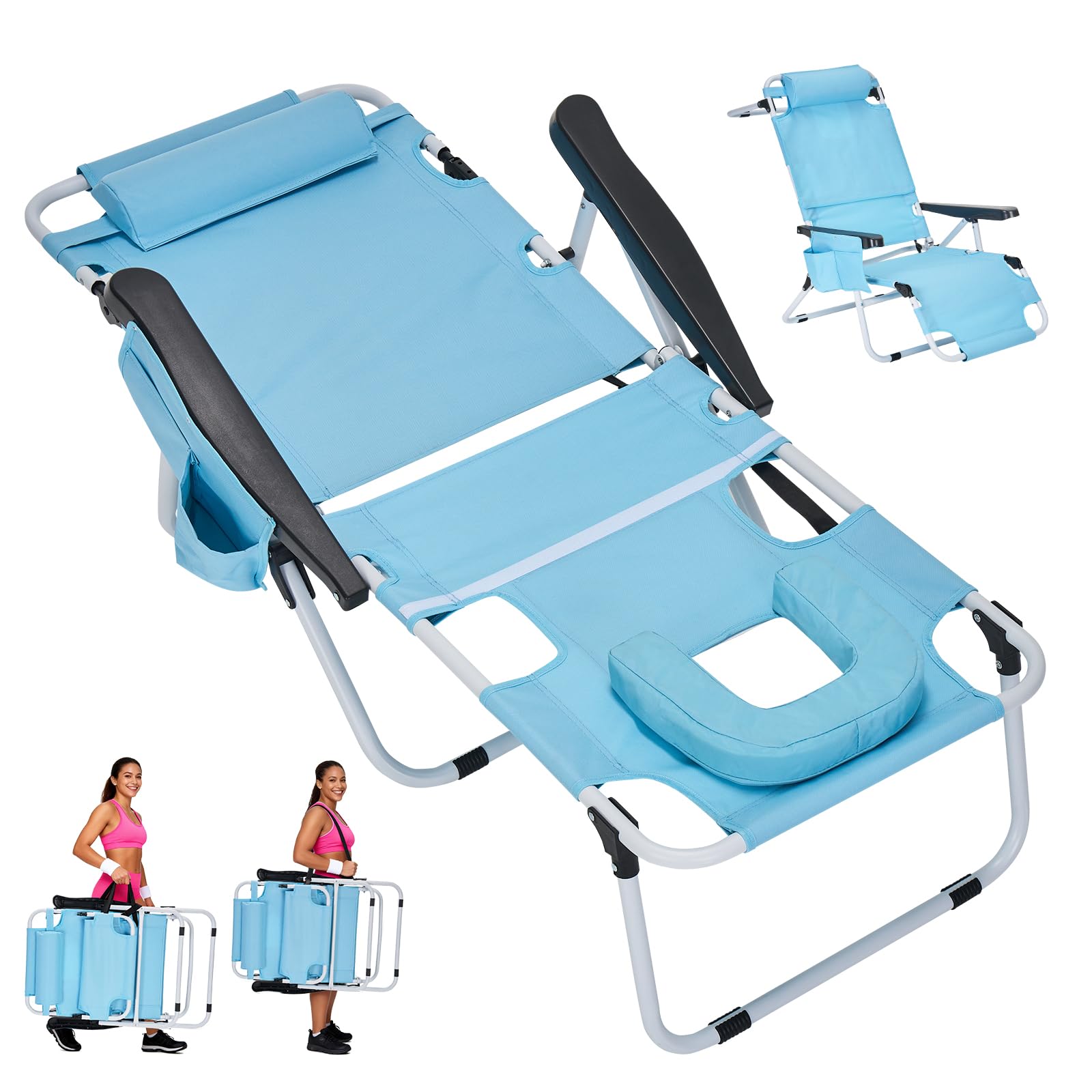 ABORON Heavy Duty Tanning Chair,Outdoor 5-Position Folding Chaise Lounge Chair with Pad,Portable Beach Lounge Chair for Outdoor Sunbathing Patio Pool Lawn Deck Poolside