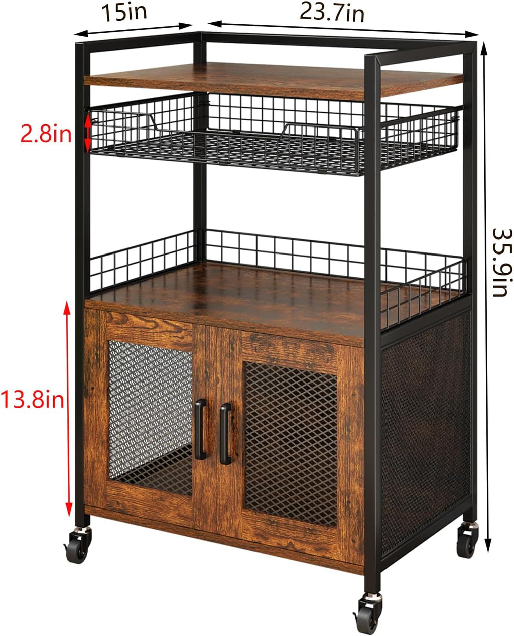 Coffee Bar Cabinet, 3 Tier Coffee Station Table on Wheels, 35.9" H Bar Cart with Wire Basket Drawer & 5 Hooks for Home Kitchen, Liquor Buffet Sideboard Cabinet (Rustic Brown)
