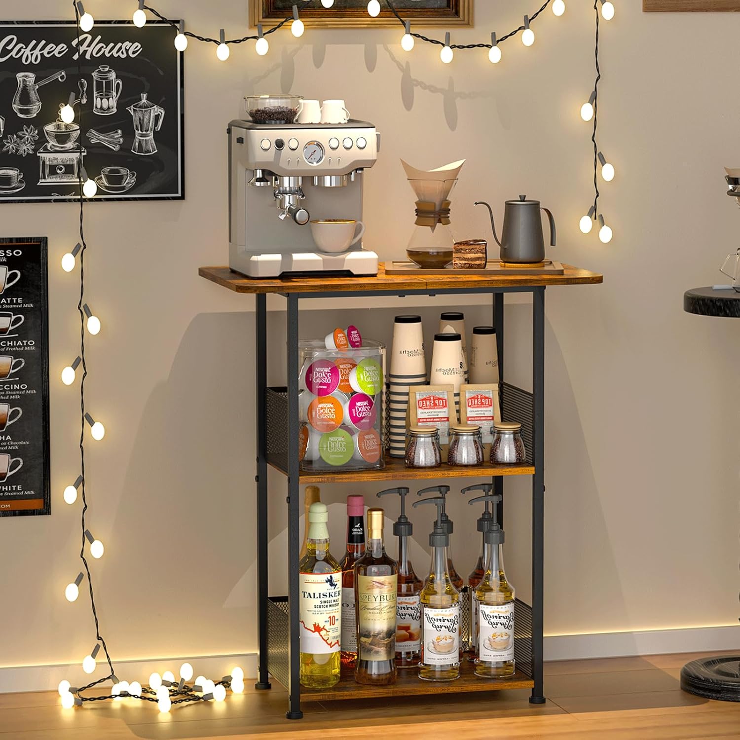 Mini Floor Standing Coffee Bar Shelf,3-Tier Small Coffee Table,Corner Farmhouse Coffee Bar Cabinet;Dining Room, Living Room-Capsules,Coffee Maker(Brown+Black)