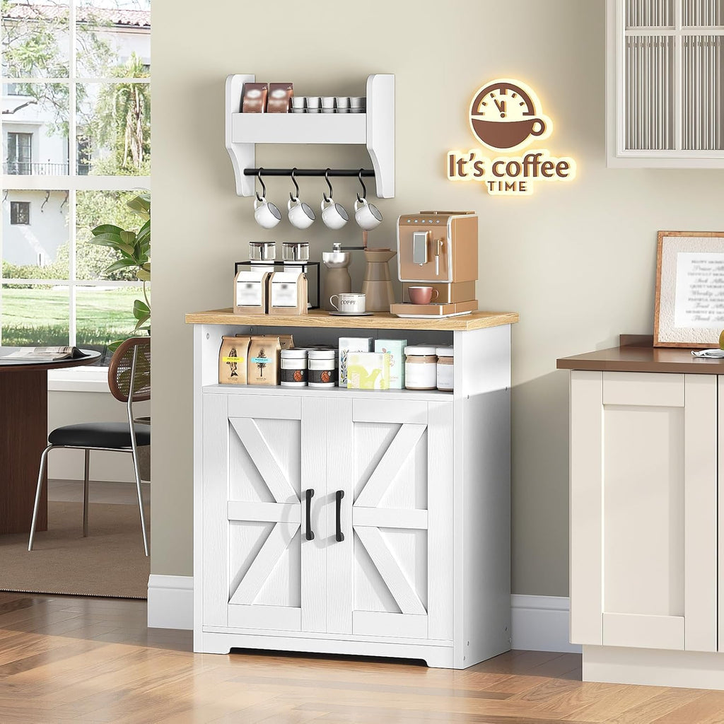 Coffee Bar Cabinet, Kitchen Island with Storage, Farmhouse Sideboard Buffet Cabinet with Dual-Purpose Floating Shelf and Hooks, for Kitchen Living Room, White and Natural KF22WN