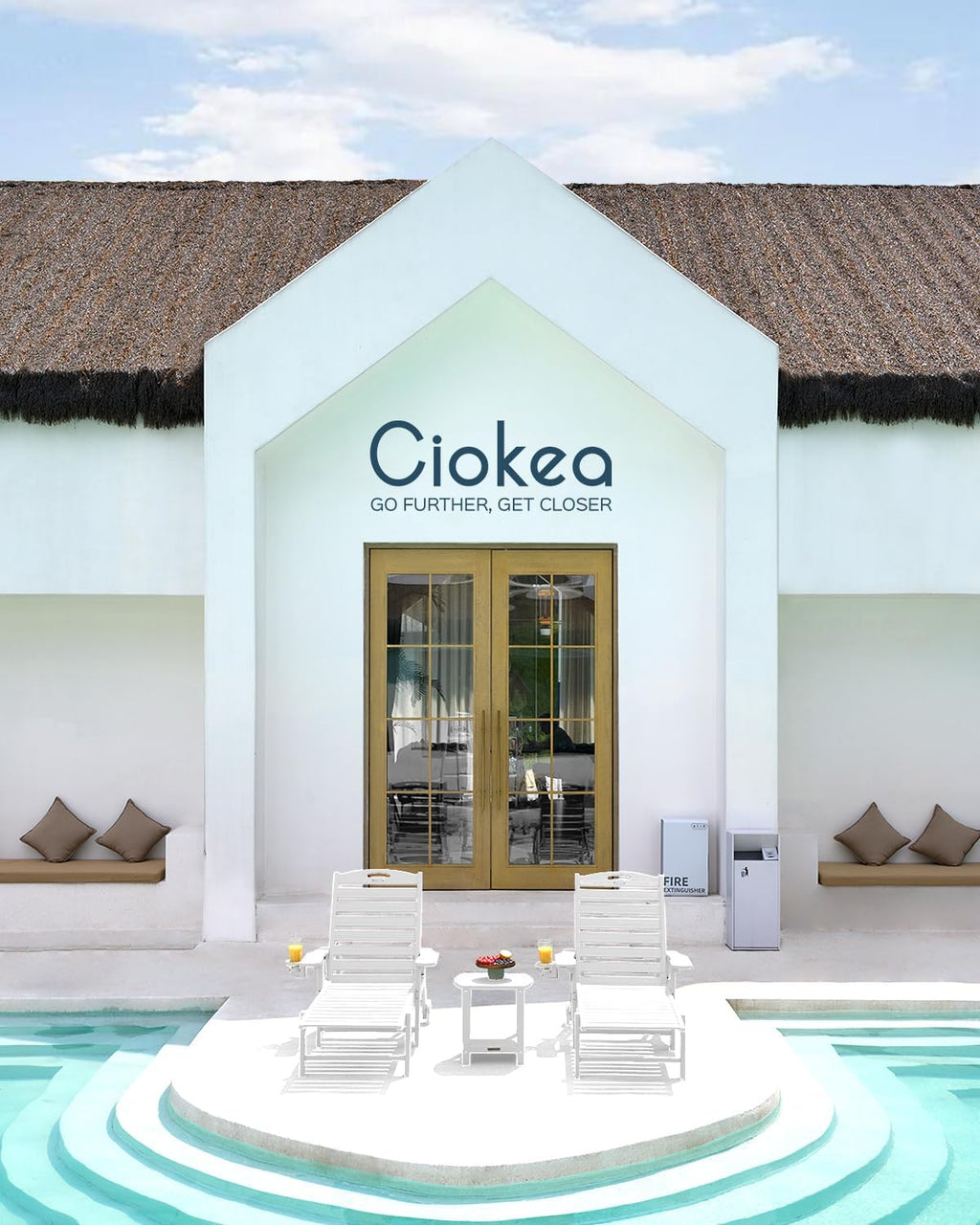 Ciokea Lounge Chair Outdoor, Oversized Chaise Lounge Chair with 5 Positions, HDPE, Patio Lounge Chair with Wheels & Cup Holder for Pool, Deck, Poolside, White