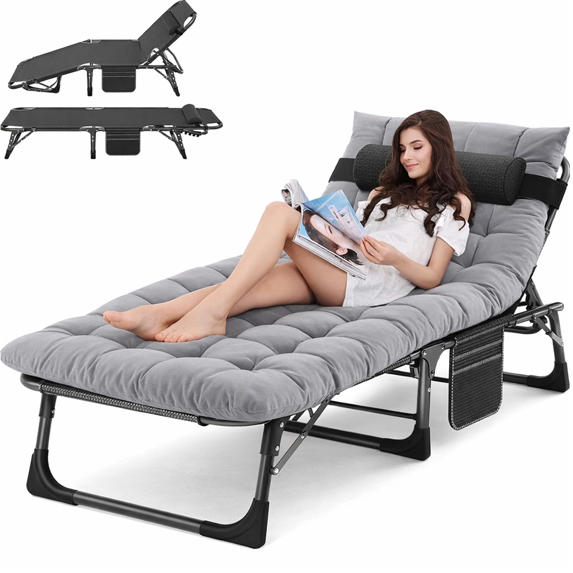 ABORON Heavy Duty Tanning Chair,Outdoor 5-Position Folding Chaise Lounge Chair with Pad,Portable Beach Lounge Chair for Outdoor Sunbathing Patio Pool Lawn Deck Poolside
