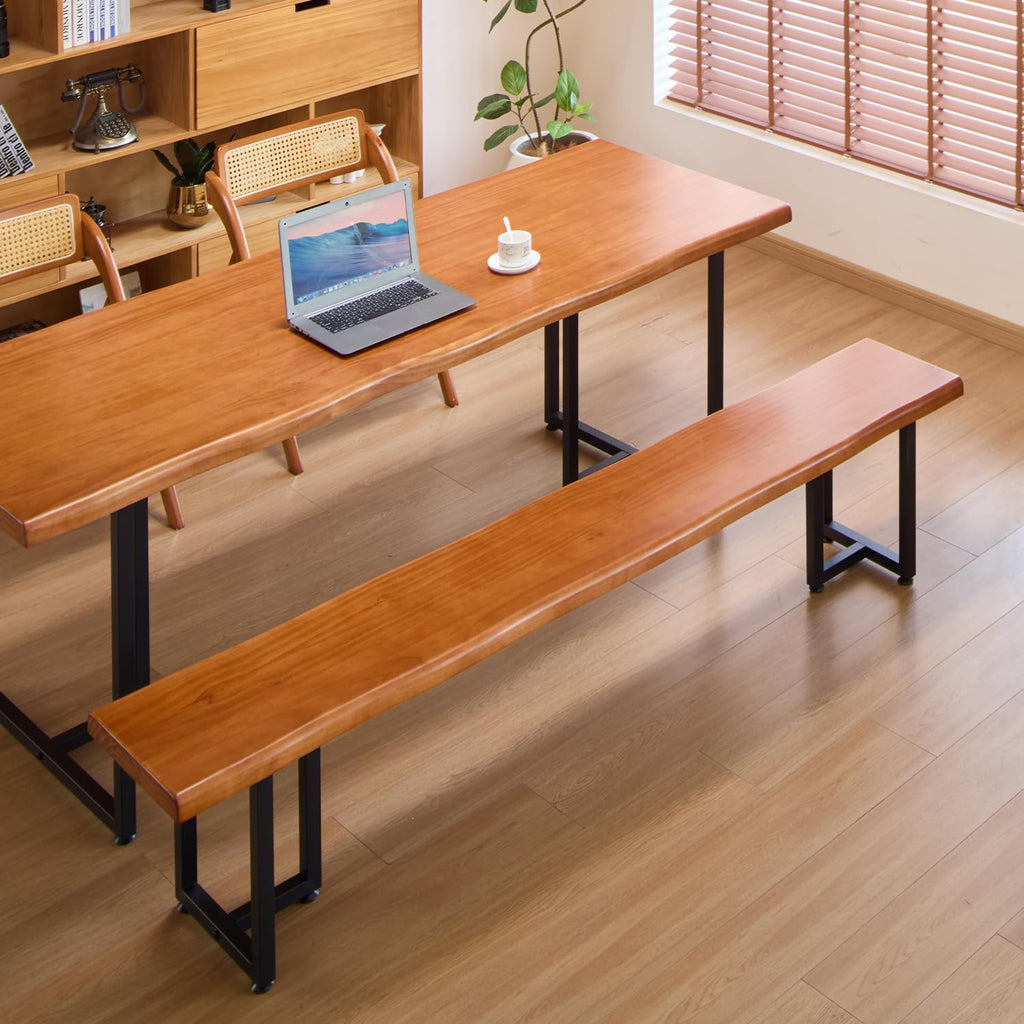 Durable Solid Wood Top Bench with Metal Triangular Legs – Stylish Long Dining Bench for Home, Office, Restaurant & Patio (Wooden Brown Bench, 55.12in)