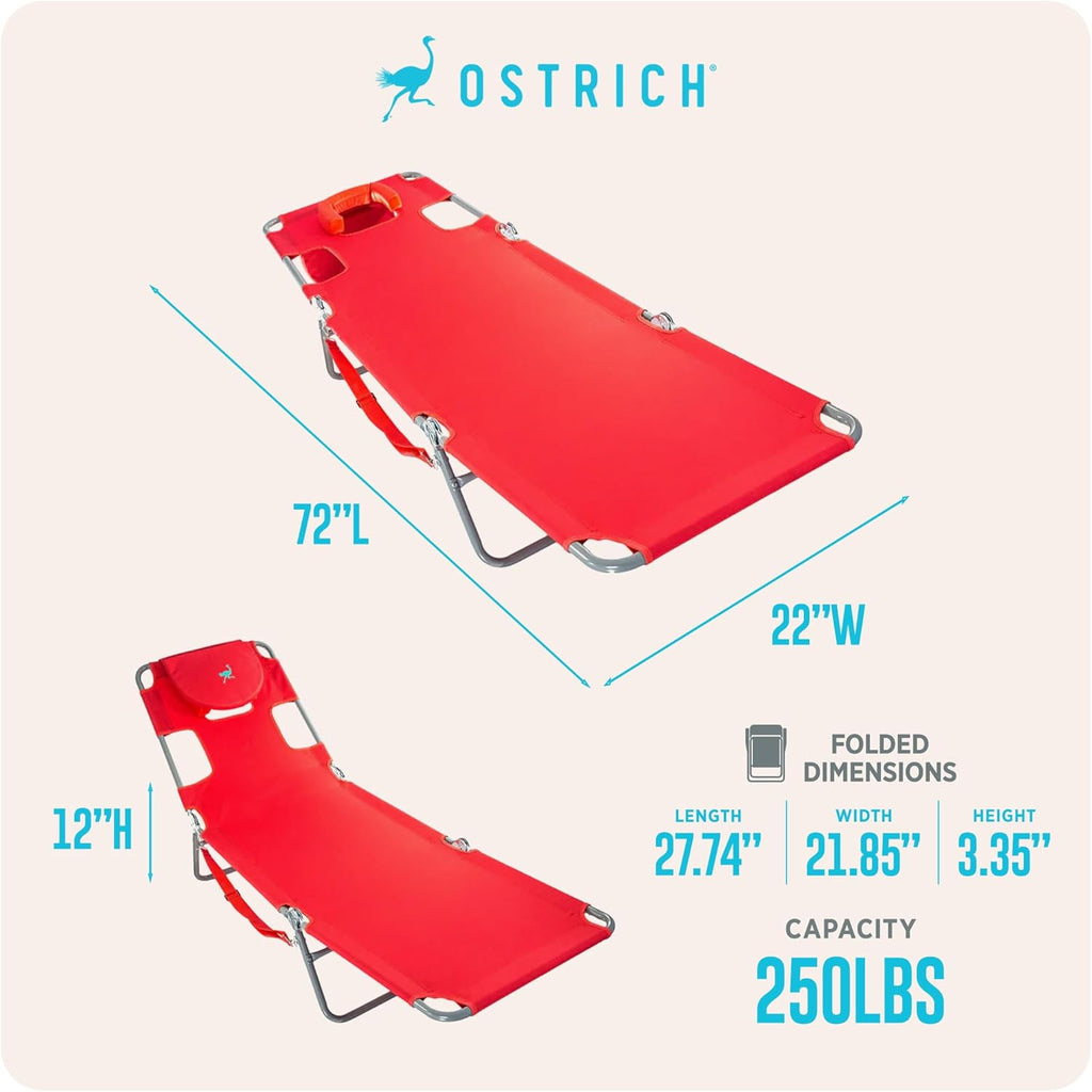 Ostrich the Original Chaise 72 x 22 Inch Lounge Portable Reclining Lounger, Outdoor Patio, Beach, Lawn, Camping, or Pool Tanning Chair, Red