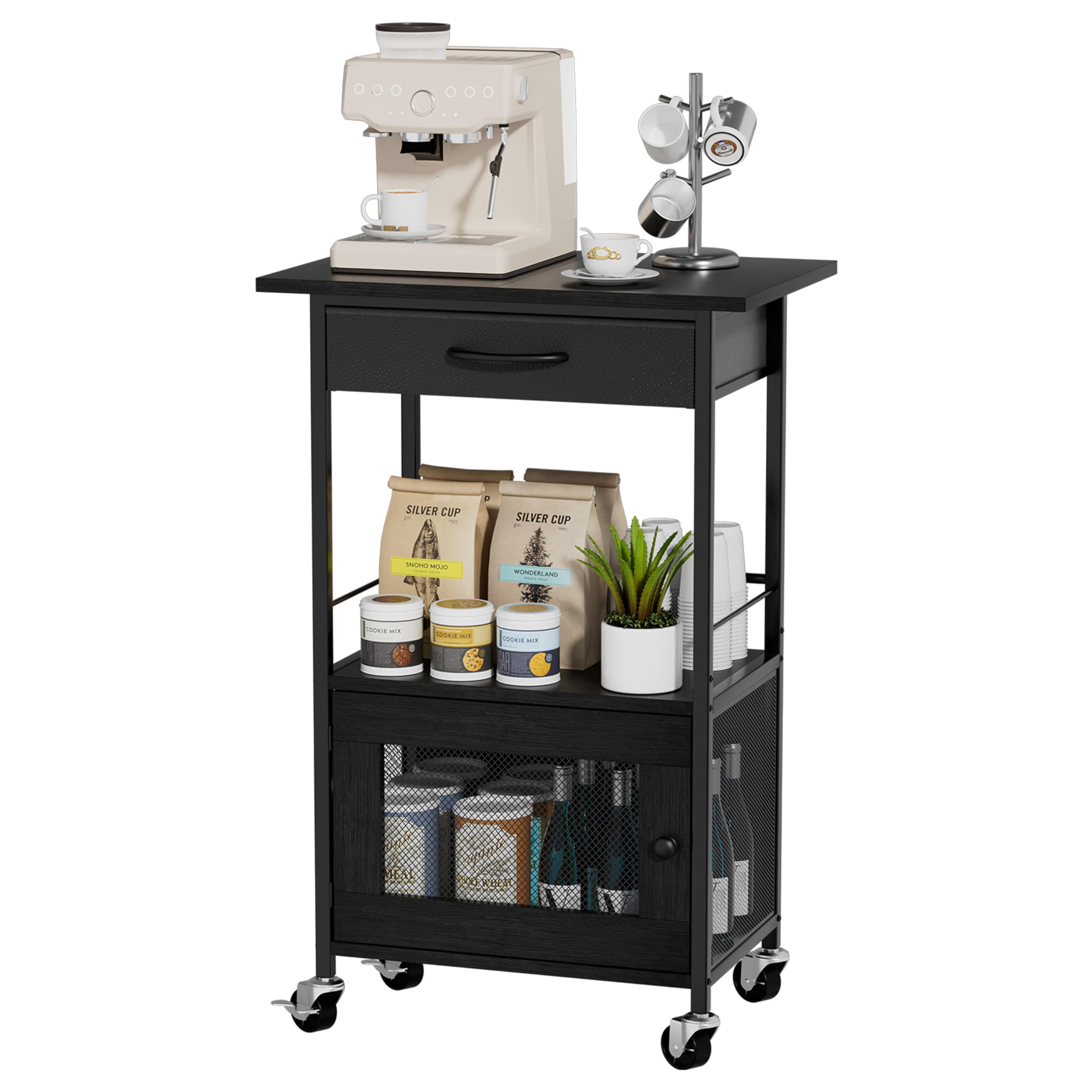 SWTYMIKI Buffets Coffee Bar Cabinet - Rolling Kitchen Rack, Farmhouse Small Coffee Stand with Storage Drawer and Door Cabinet - Kitchen Microwave Stand for Apartment, Living Room, Entryway, Espresso