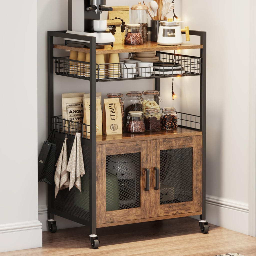 Small Coffee Bar Cabinet with Storage, 3-Tier Rolling Coffee Bar Table, Farmhouse Coffee Cart Station with 2 Doors for Living Room, Dining Room, Rustic Brown