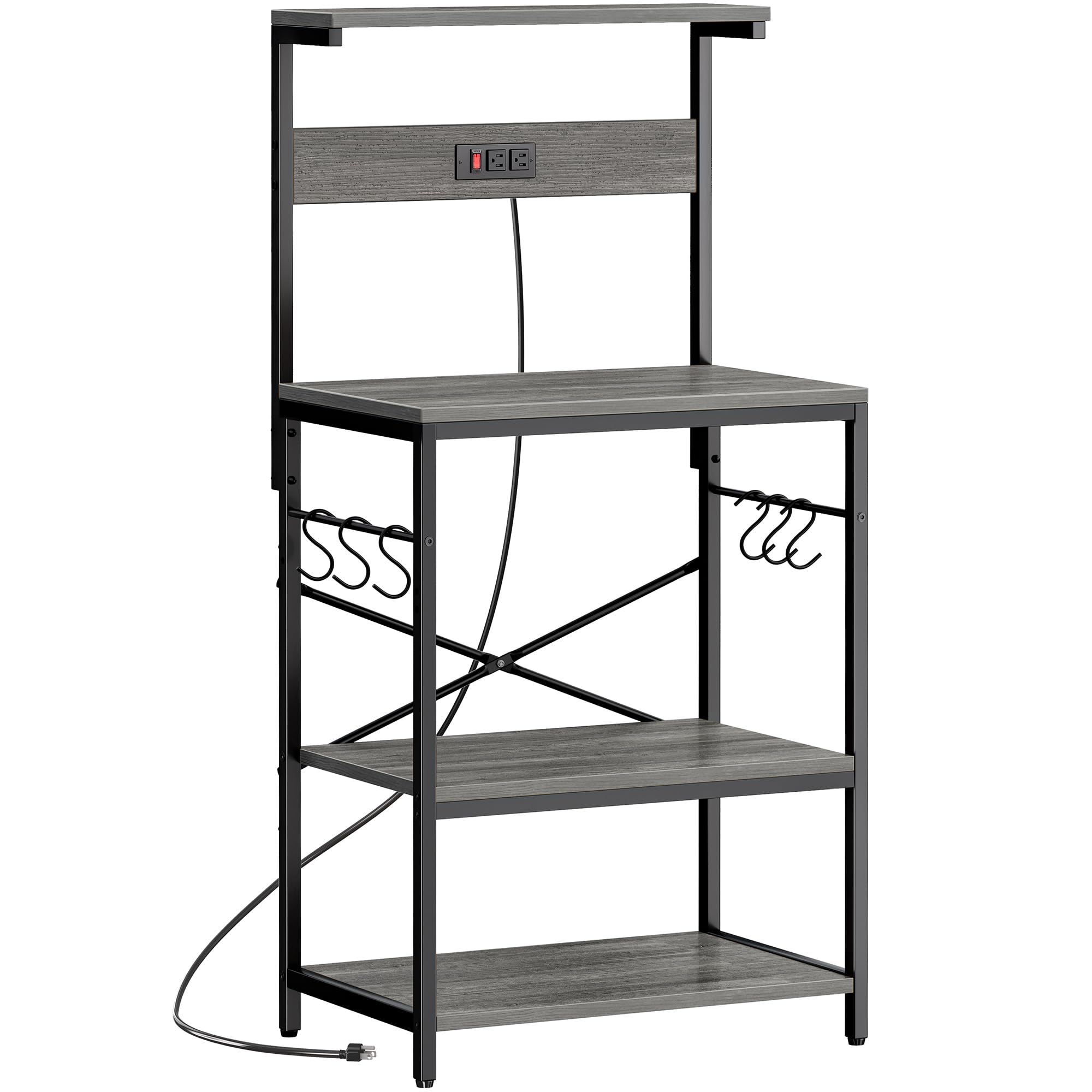 SUPERJARE Kitchen Bakers Rack with Power Outlet, Coffee Bar Table 4 Tiers, Kitchen Microwave Stand with 6 S-Shaped Hooks, Storage Shelf Rack for Spices, Pots and Pans - Rustic Brown