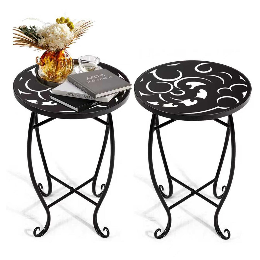 Set of 2 Mosaic Outdoor Side Tables Round, 15 Inch Height - Small Patio Table Set, Foldable Sun Pattern Metal Plant Stands for Garden, Balcony & Yard (Mosaic Sun, 2 Pack)