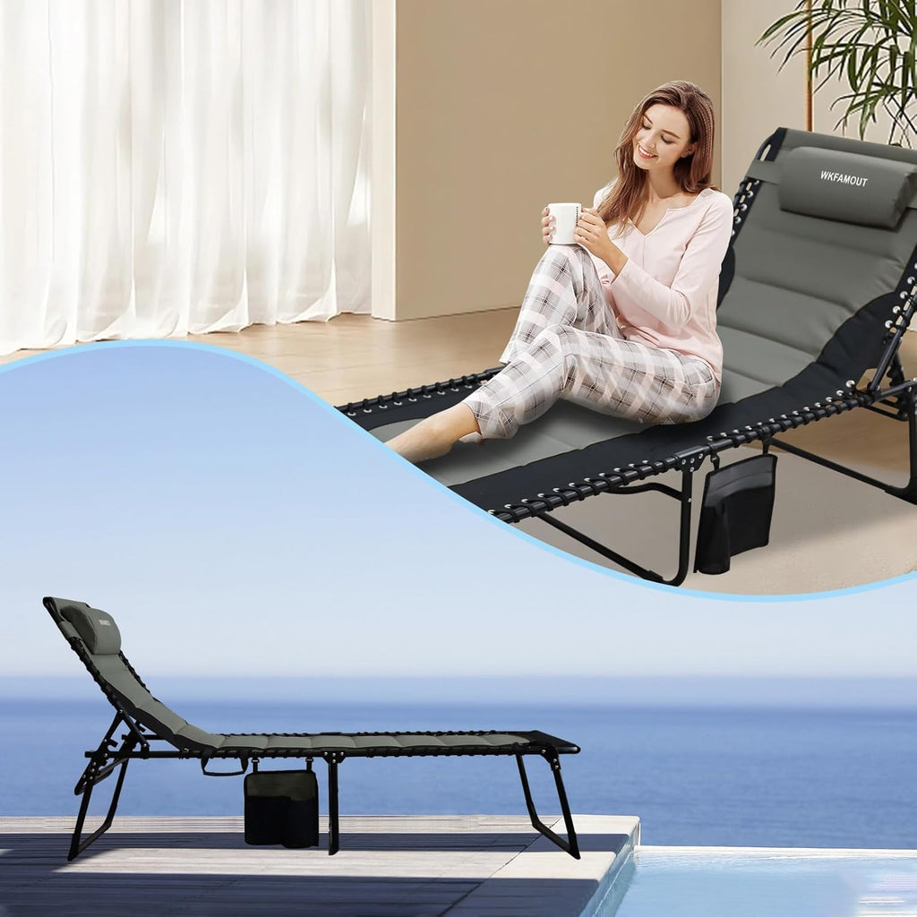 Oversized Padded Outdoor Folding Lounge Chair for Adults 330Ibs Patio Chaise Lounge Chair for Outside 5-Position Adjustable Reclining Beach Chair with Pillow Pocket