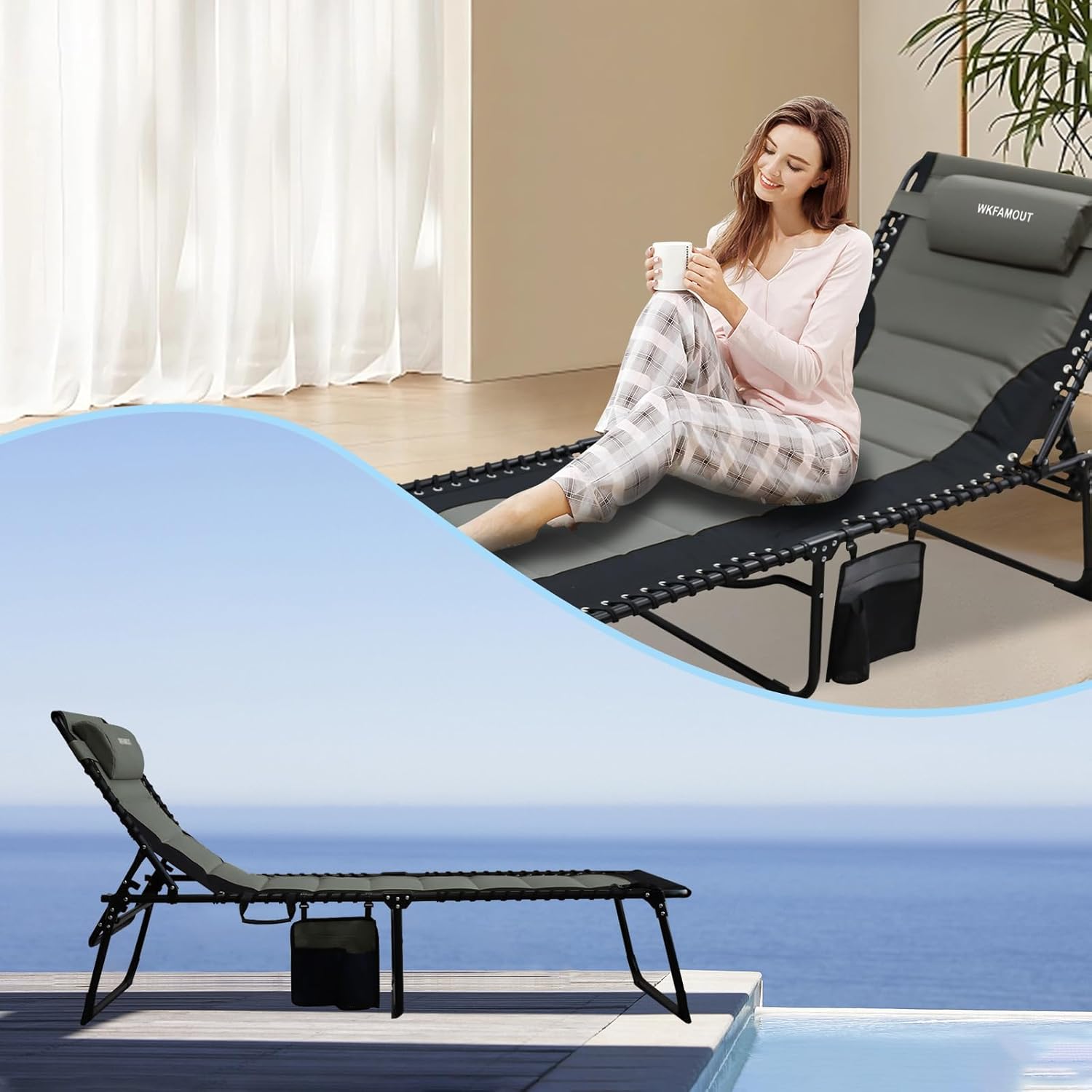 Oversized Padded Outdoor Folding Lounge Chair for Adults 330Ibs Patio Chaise Lounge Chair for Outside 5-Position Adjustable Reclining Beach Chair with Pillow Pocket