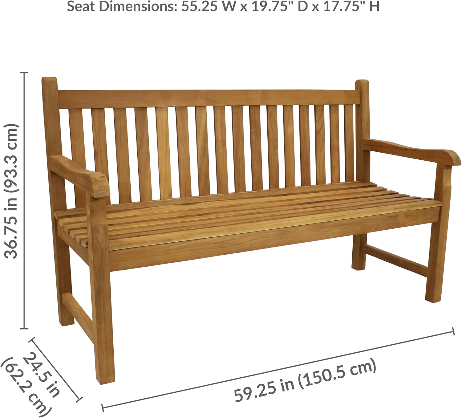 Sunnydaze 2-Person Outdoor Bench for Front Porch or Park - Wooden Teak Patio Garden Bench with Backrest - 675 lb Weight Capacity - 60"