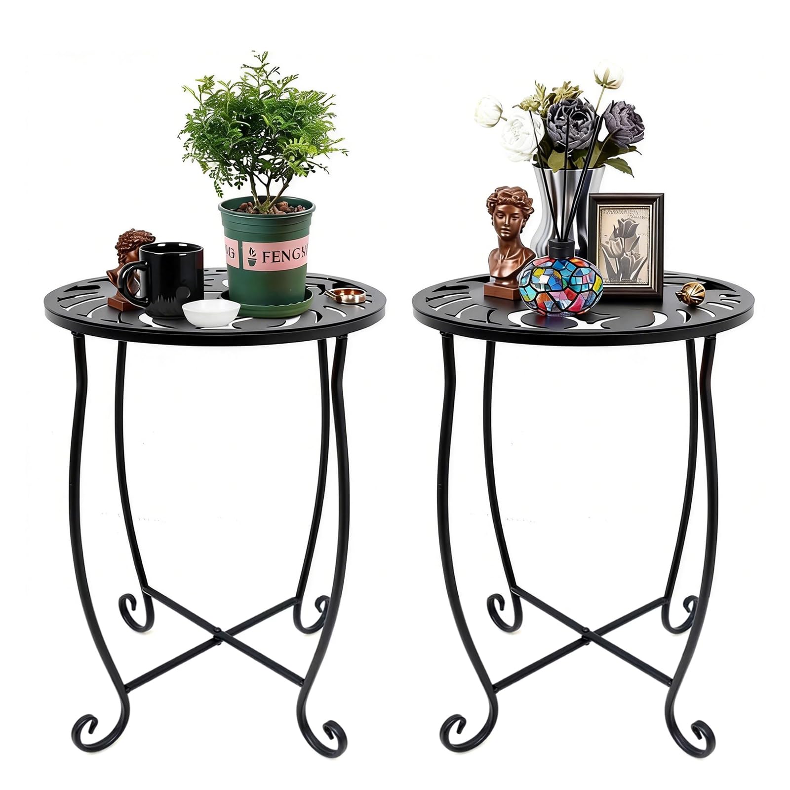 Set of 2 Mosaic Outdoor Side Tables Round, 15 Inch Height - Small Patio Table Set, Foldable Sun Pattern Metal Plant Stands for Garden, Balcony & Yard (Mosaic Sun, 2 Pack)