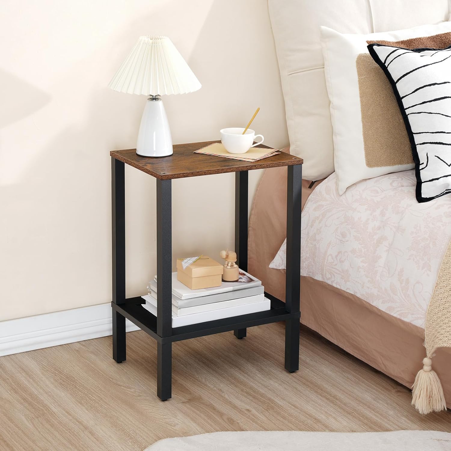 HOOBRO End Tables Set of 2, Small Side Tables with 2-Tier Storage Shelves, Nightstands with Faux Rattan Decoration, for Small Space, Living Room, Bedroom, Rustic Brown and Black BF91BZP201