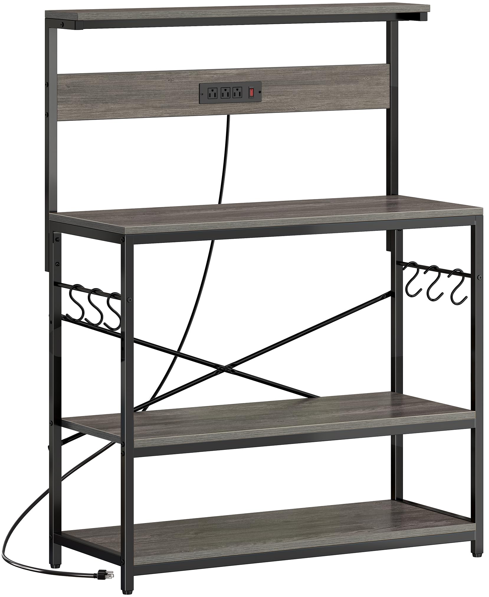 SUPERJARE Kitchen Bakers Rack with Power Outlet, Coffee Bar Table 4 Tiers, Kitchen Microwave Stand with 6 S-Shaped Hooks, Storage Shelf Rack for Spices, Pots and Pans - Rustic Brown