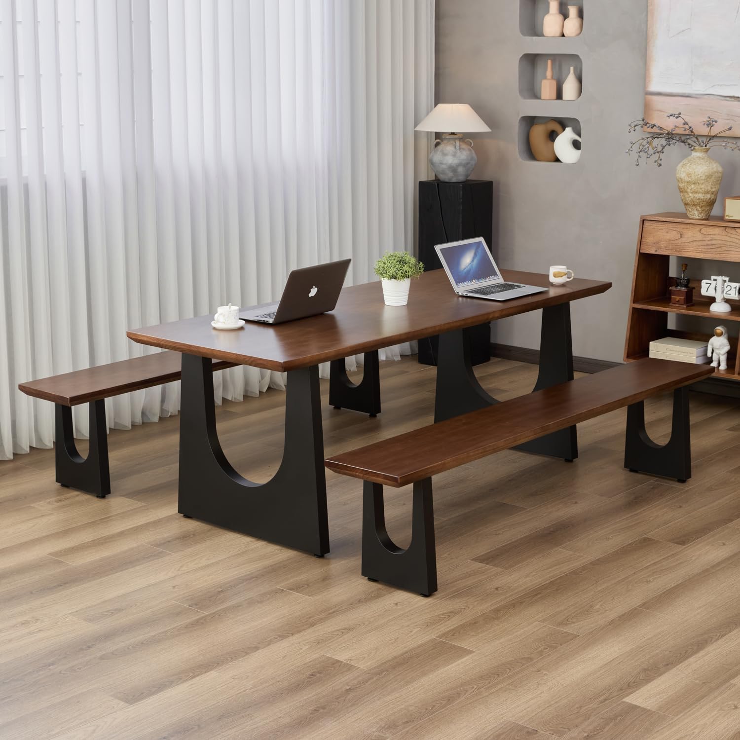Walnut Color Long Bench Solid Wood Top Metal Legs U-Shaped Design Durable Sturdy Dining Bench Ideal for Office Home Restaurant Patio Multiple (Bench, 55.12in)
