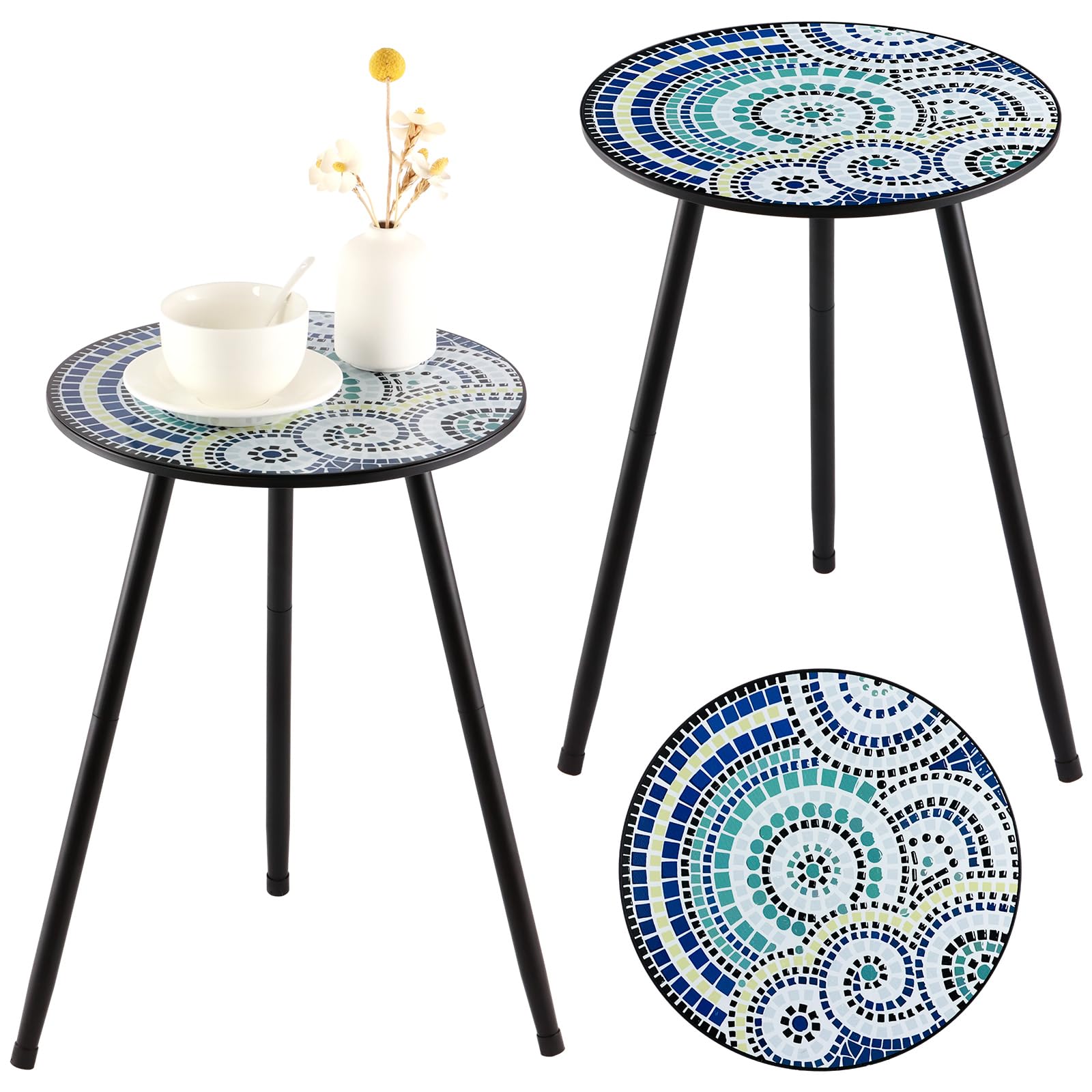 Metal Outdoor Side Tables Set of Two Small Outside Round End Table for Patio Modern Accent Garden Corner Table for Small Spaces, Balcony, Porch, Weather-Resistant, Plant Stand Indoor, Black
