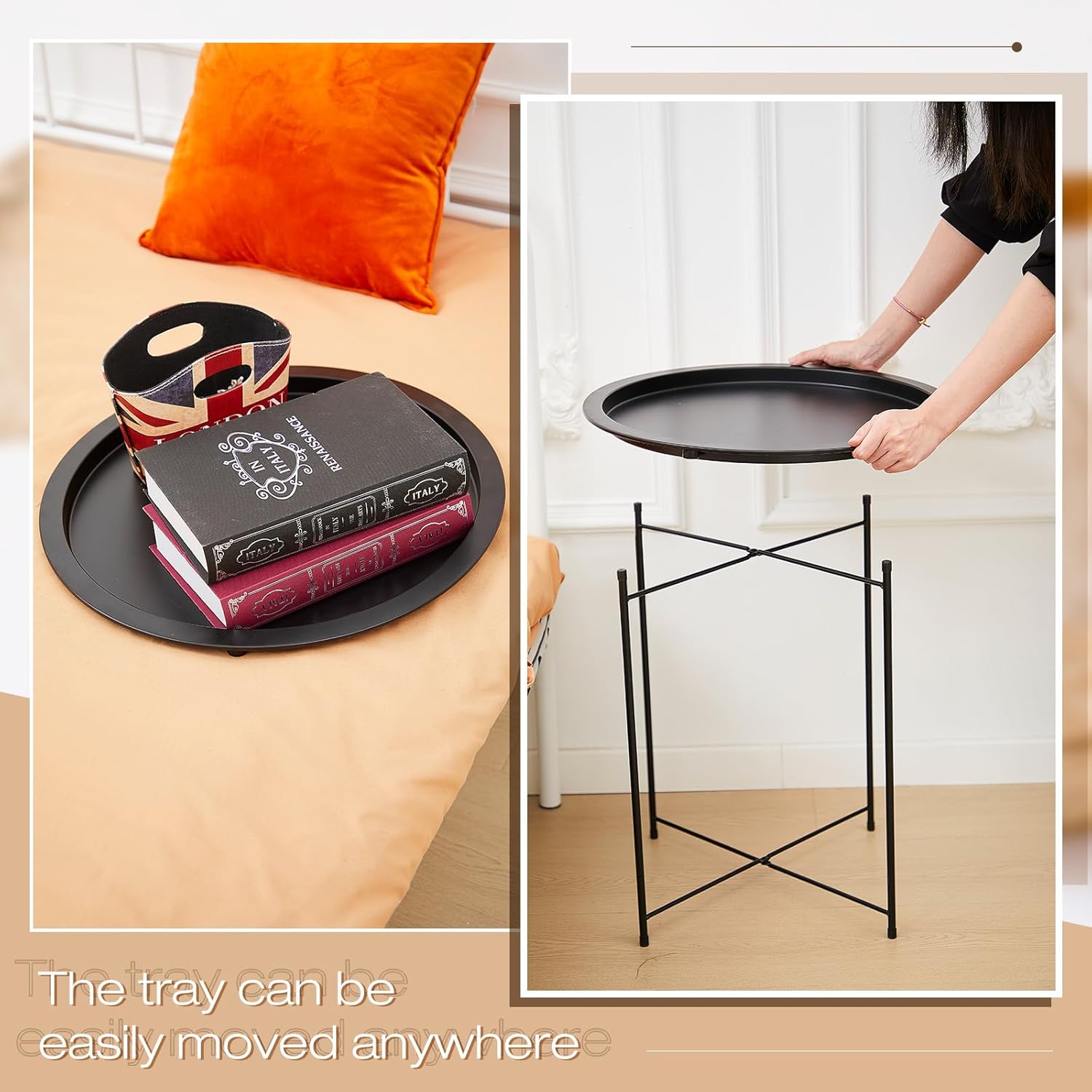 Kigley Set of 4 Metal Side Table Folding Tray Round Foldable End Table Outdoor Tray Table Small Stable Snack Nightstand for Outdoor Indoor Living Room Bedroom Patio, Black, 18.5 x 18.5 x 19.7''