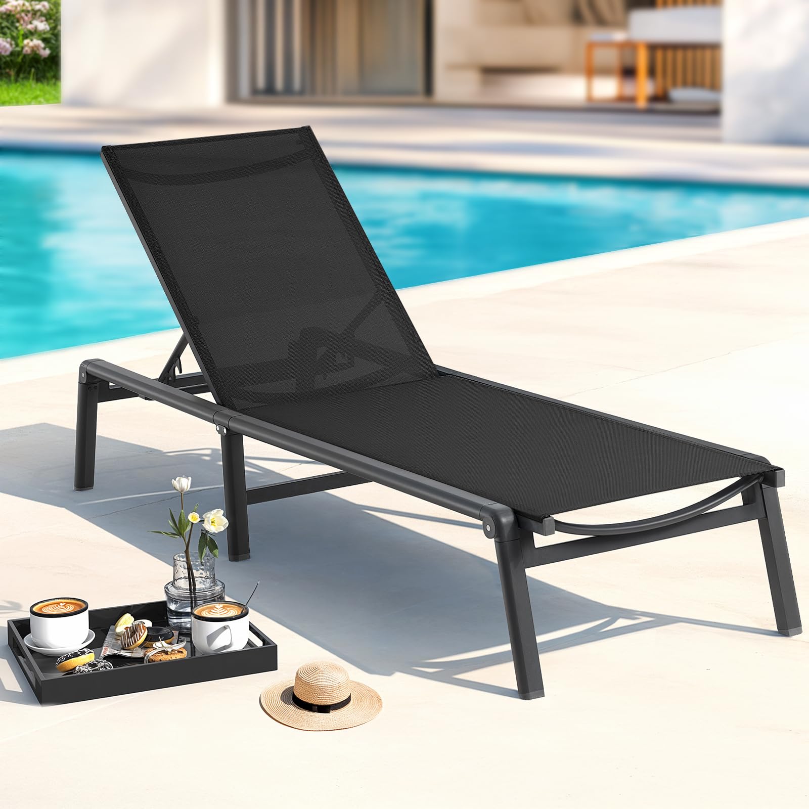ONBRILL Aluminum Chaise Lounge Chair Outdoor, Foldable & Assembly Free Outdoor Lounge Chair with 5 Position Adjustable Backrest, Patio Pool Lounge Chairs for Outside Poolside Beach Lawn, 1PC, Khaki