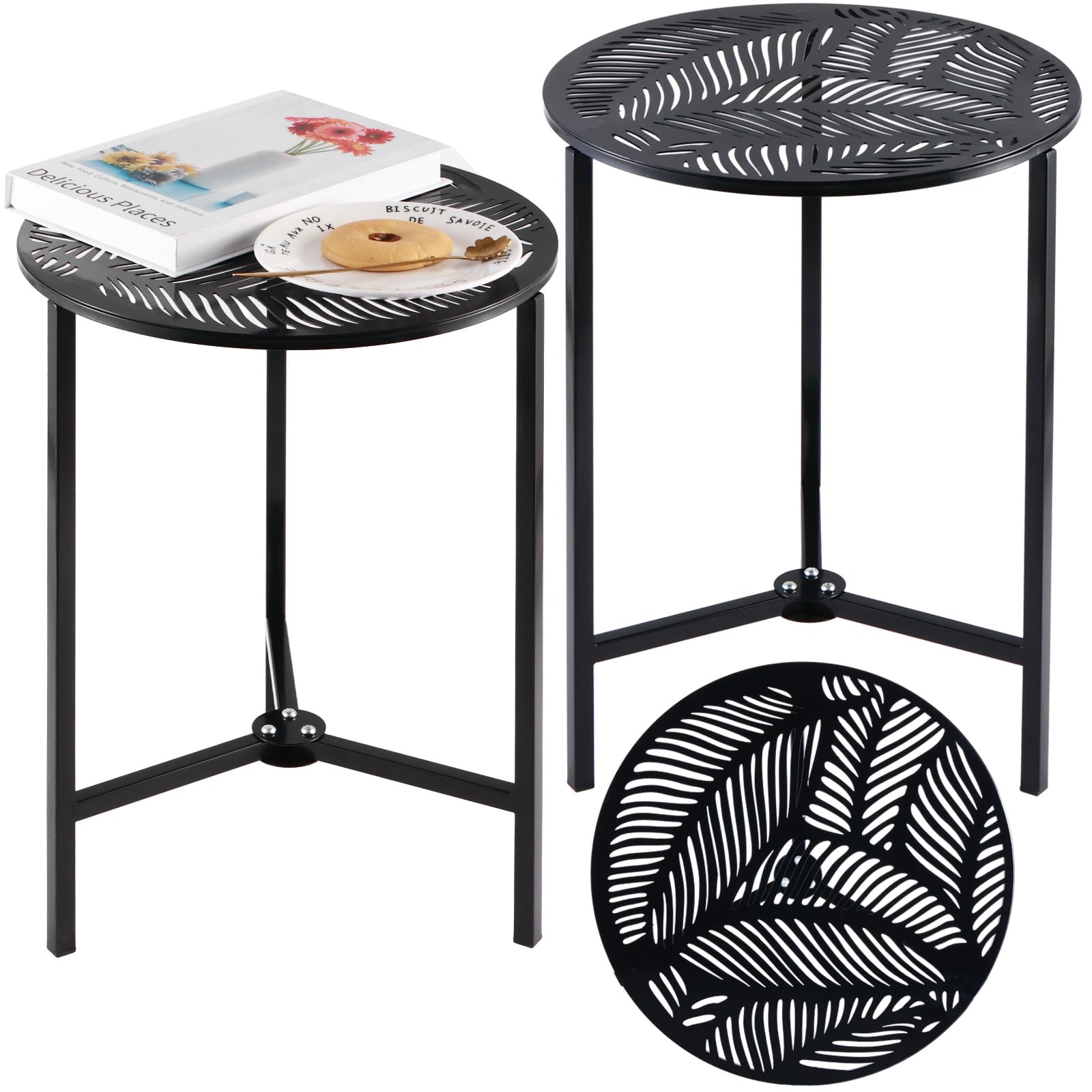 Party Zealot Set of 2 Small Round Metal Side Tables, 13-Inch Black Outdoor End Tables for Patio, Balcony, Porch or Garden – Weather-Resistant Corner Coffee Table for Small Spaces & Indoor Plant Stand