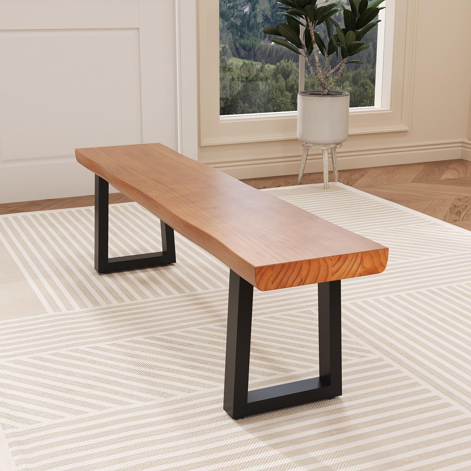 Solid Wood Top Bench with Metal Legs Durable Long Bench for Home Office Living Room Dining Room Versatile Multi Size Options Perfect Chair Stool Dining Bench Dining Chair (Light brown bench, 62.99in)