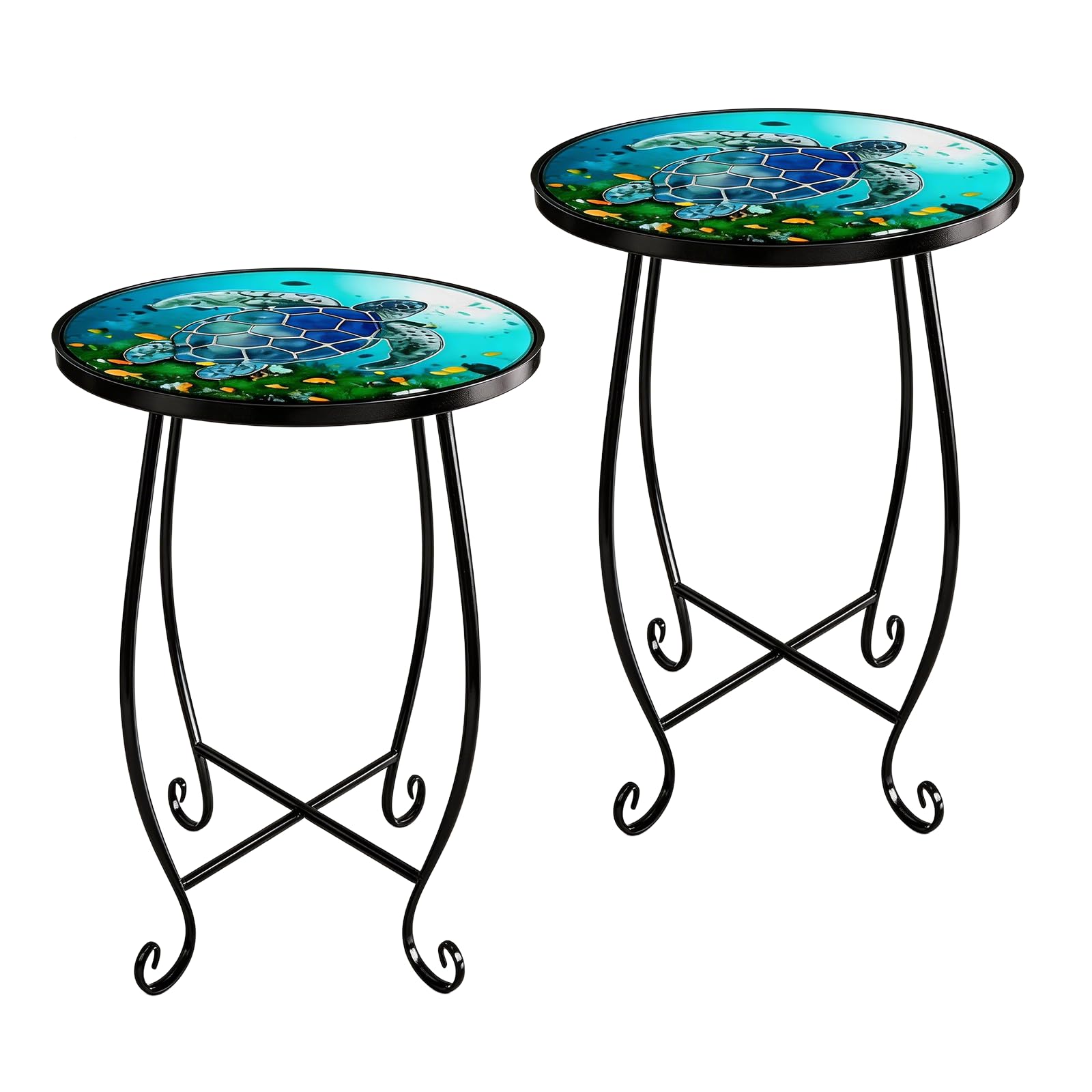Set of 2 Mosaic Outdoor Side Tables Round, 15 Inch Height - Small Patio Table Set, Foldable Sun Pattern Metal Plant Stands for Garden, Balcony & Yard (Mosaic Sun, 2 Pack)