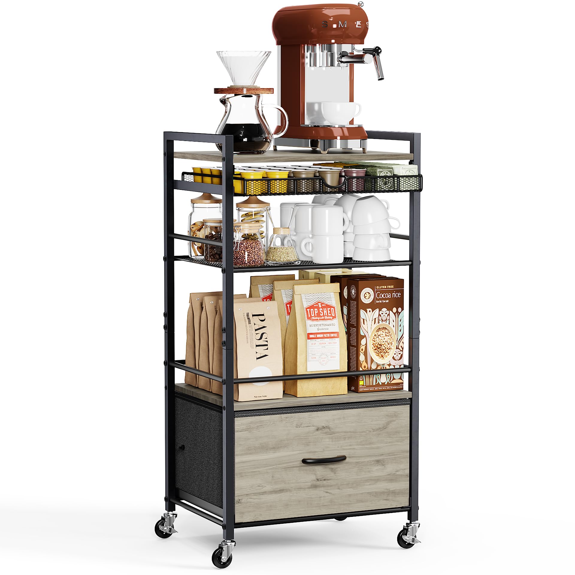 Coffee Bar Cabinet with Storage，5 Tier Coffee Station Table on Wheels, 33.6" H Cart with Drawer for Home Kitchen, Liquor Buffet Sideboard Cabinet (Modern White)