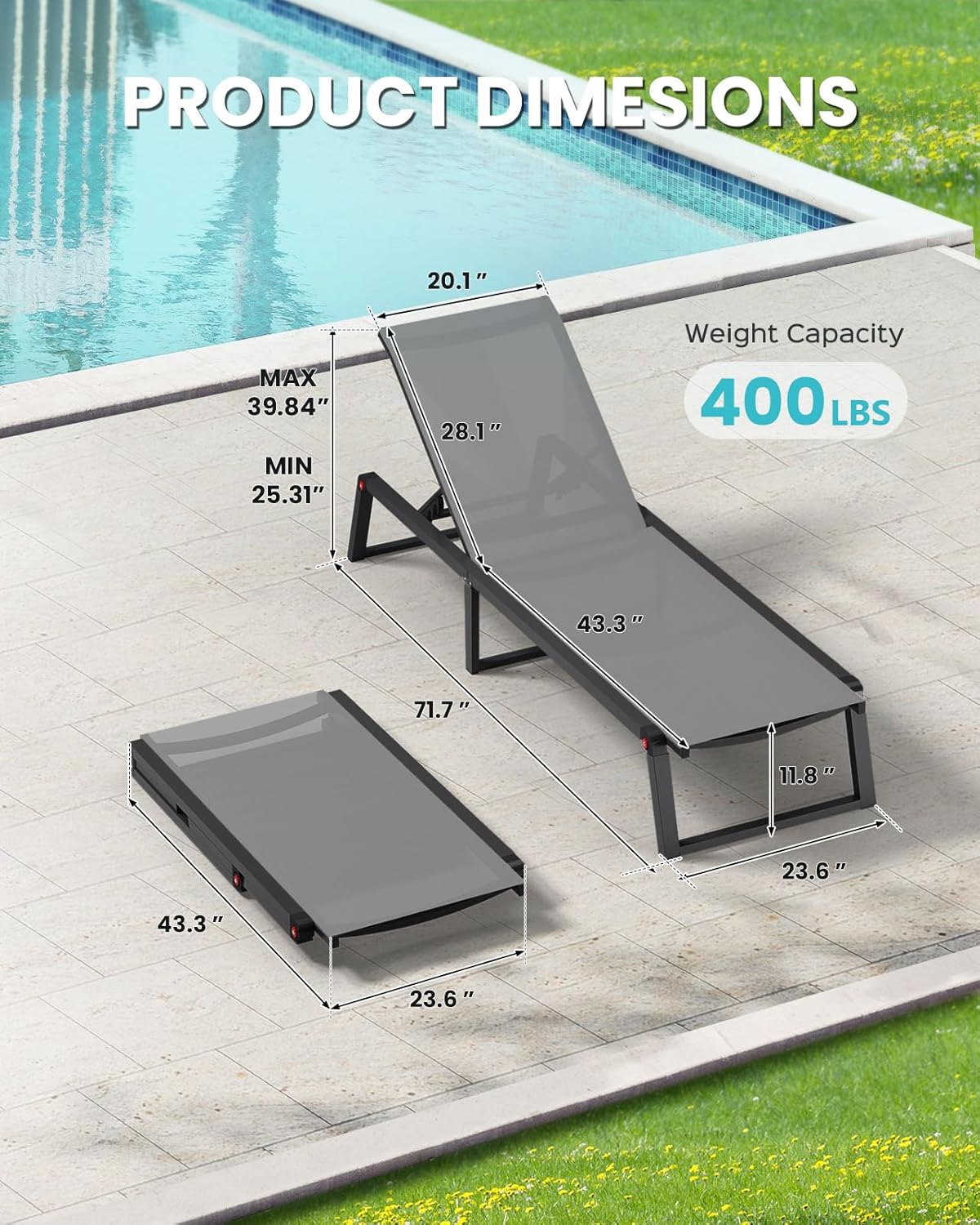 Aluminum Chaise Lounge Chair Outdoor, Foldable & No Assembly Pool Lounge Chairs 5-Position Recliner for Outside Poolside, Fully Grounded Legs Patio Sun Lounger for Pool, Beach, Yard, Dark Grey