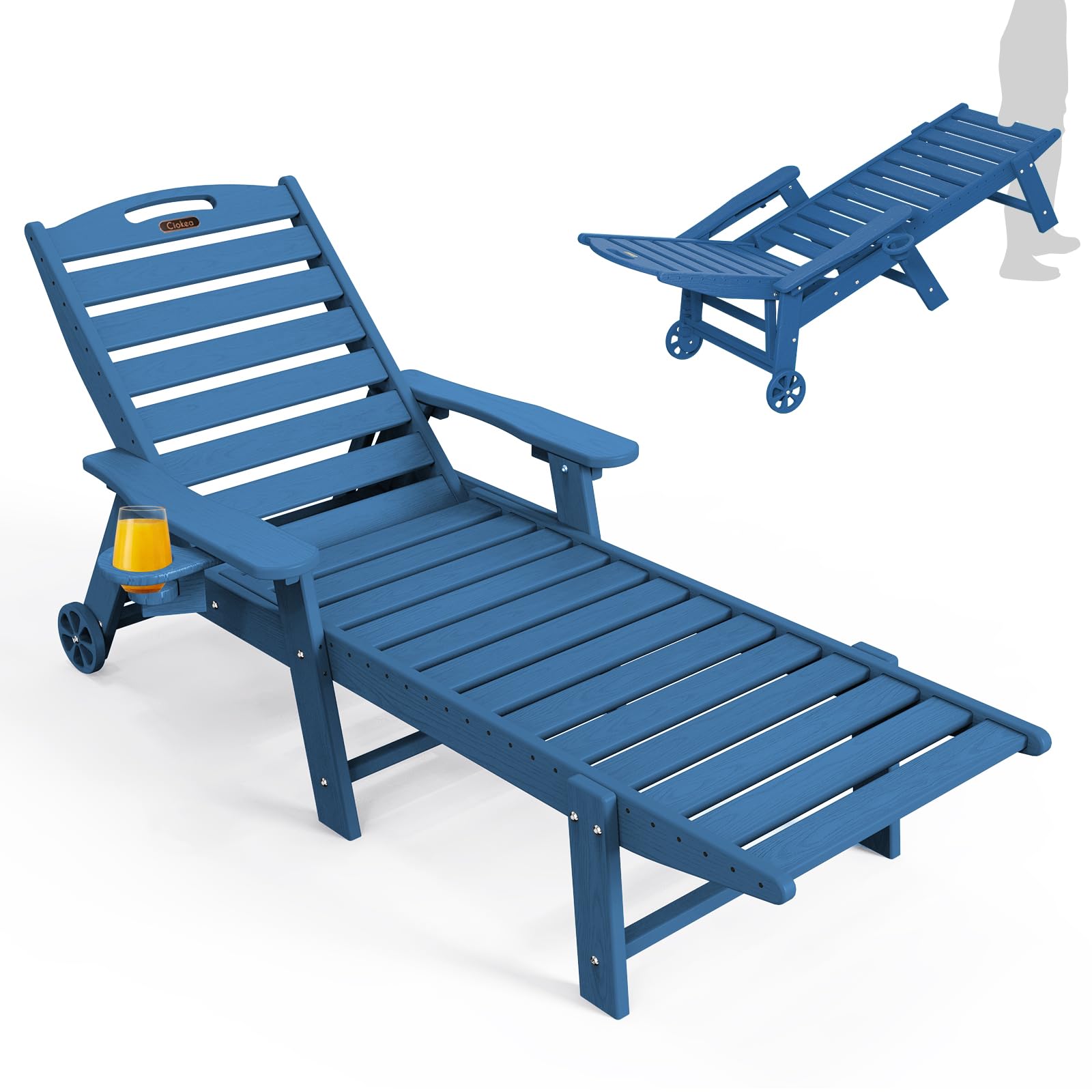 Ciokea Lounge Chair Outdoor, Oversized Chaise Lounge Chair with 5 Positions, HDPE, Patio Lounge Chair with Wheels & Cup Holder for Pool, Deck, Poolside, White