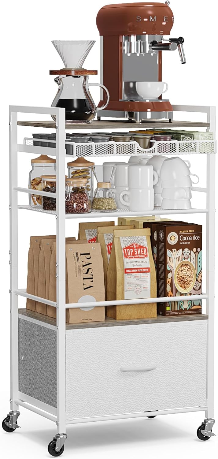 Coffee Bar Cabinet with Storage，5 Tier Coffee Station Table on Wheels, 33.6" H Cart with Drawer for Home Kitchen, Liquor Buffet Sideboard Cabinet (Modern White)