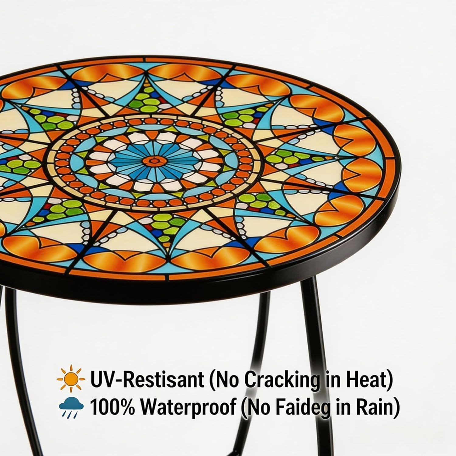 Set of 2 Mosaic Outdoor Side Tables Round, 15 Inch Height - Small Patio Table Set, Foldable Sun Pattern Metal Plant Stands for Garden, Balcony & Yard (Mosaic Sun, 2 Pack)