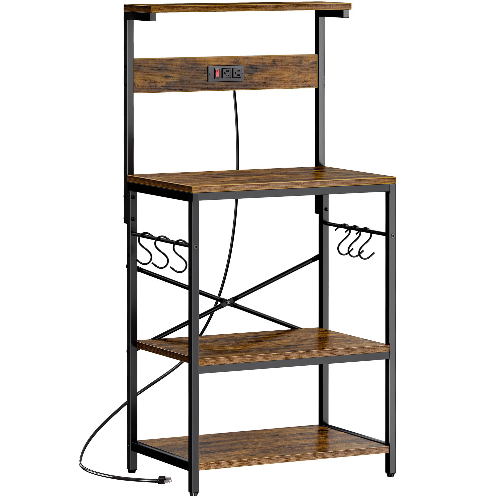SUPERJARE Kitchen Bakers Rack with Power Outlet, Coffee Bar Table 4 Tiers, Kitchen Microwave Stand with 6 S-Shaped Hooks, Storage Shelf Rack for Spices, Pots and Pans - Rustic Brown