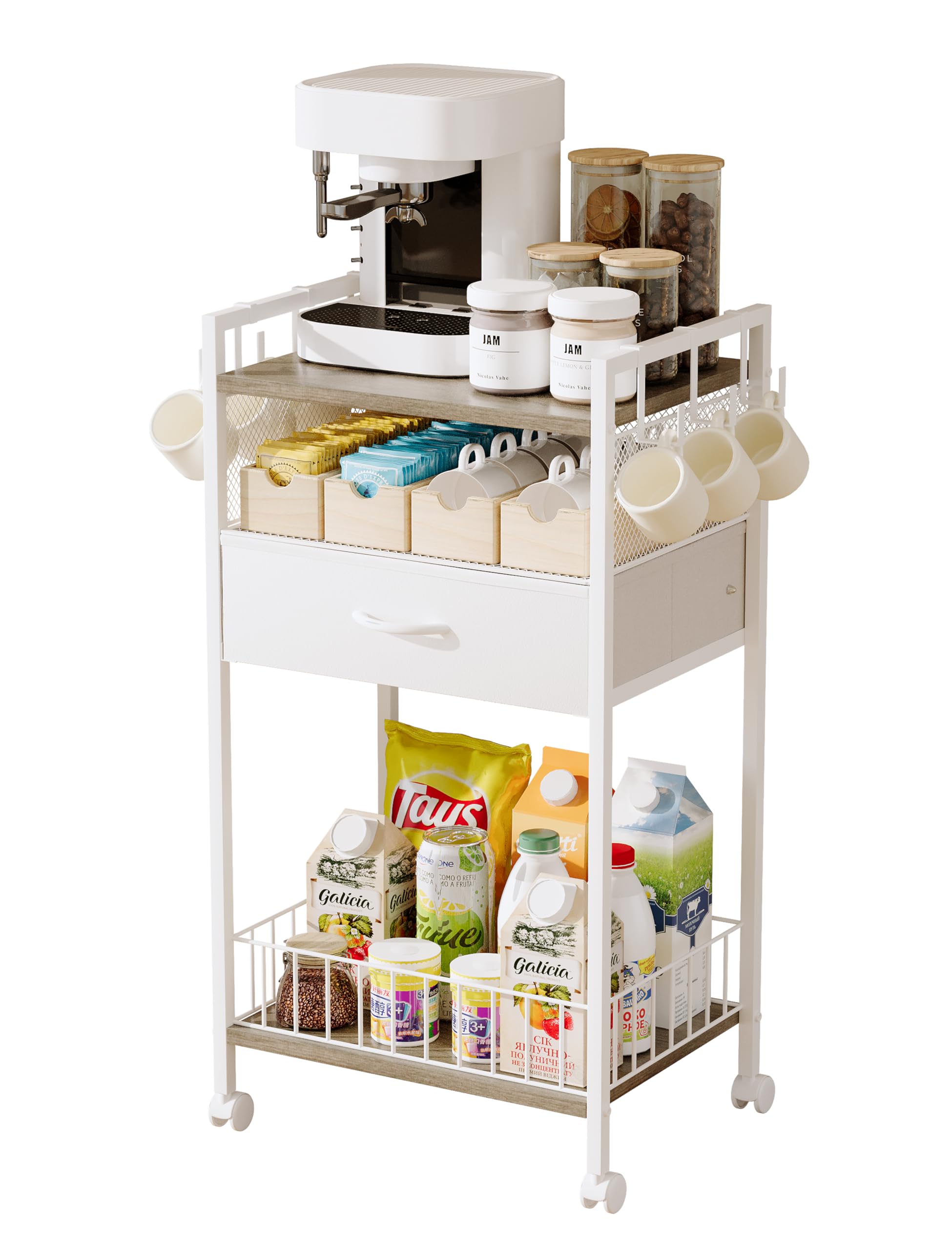 Small Coffee Bar Cart with Drawer Srorage, Office Coffee Bar Station Organizer Mug Cup Holder Stand, K Cup Holder Rack for Home Buffets & Sideboards for Kichen, Entryway, Living Room (Black)