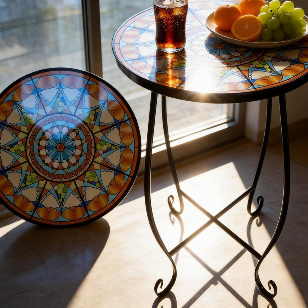 Set of 2 Mosaic Outdoor Side Tables Round, 15 Inch Height - Small Patio Table Set, Foldable Sun Pattern Metal Plant Stands for Garden, Balcony & Yard (Mosaic Sun, 2 Pack)