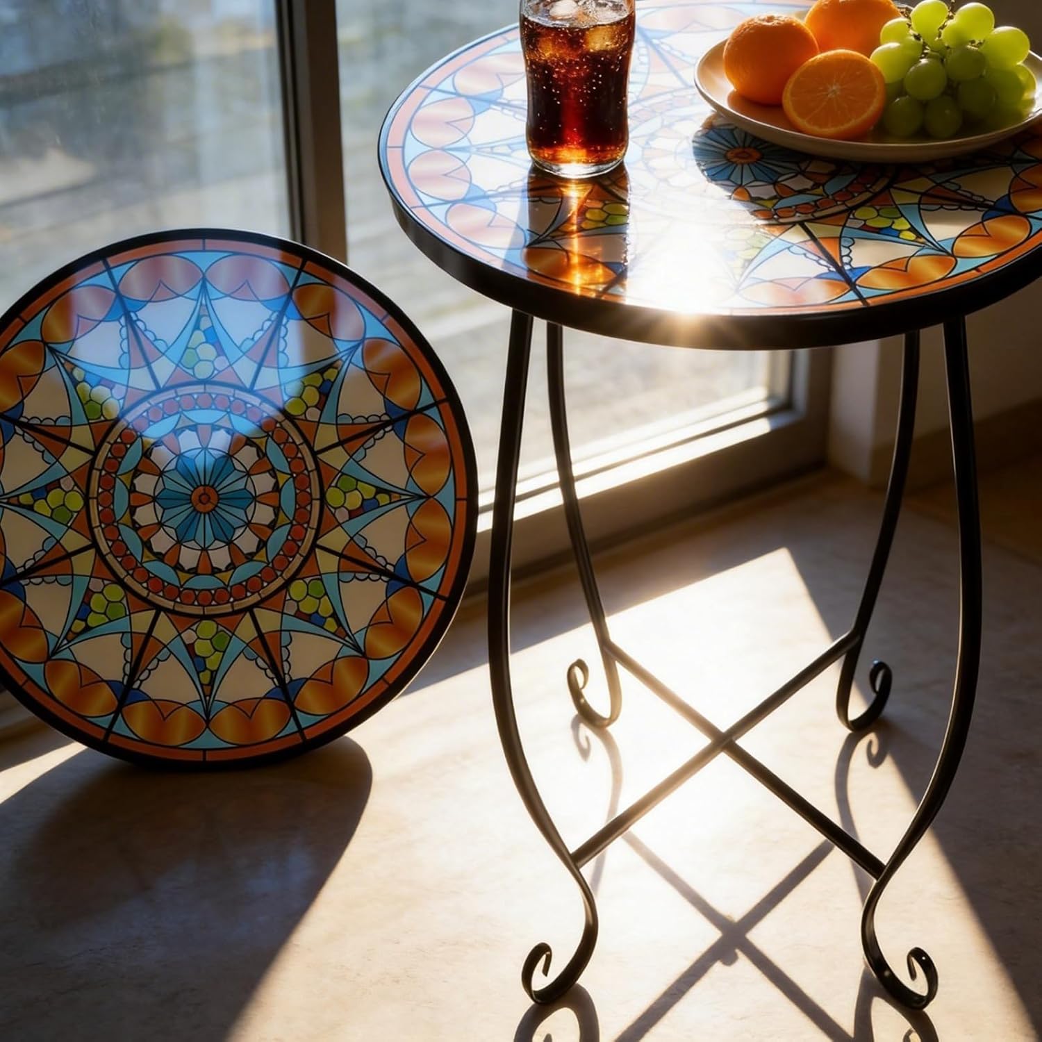 Set of 2 Mosaic Outdoor Side Tables Round, 15 Inch Height - Small Patio Table Set, Foldable Sun Pattern Metal Plant Stands for Garden, Balcony & Yard (Mosaic Sun, 2 Pack)