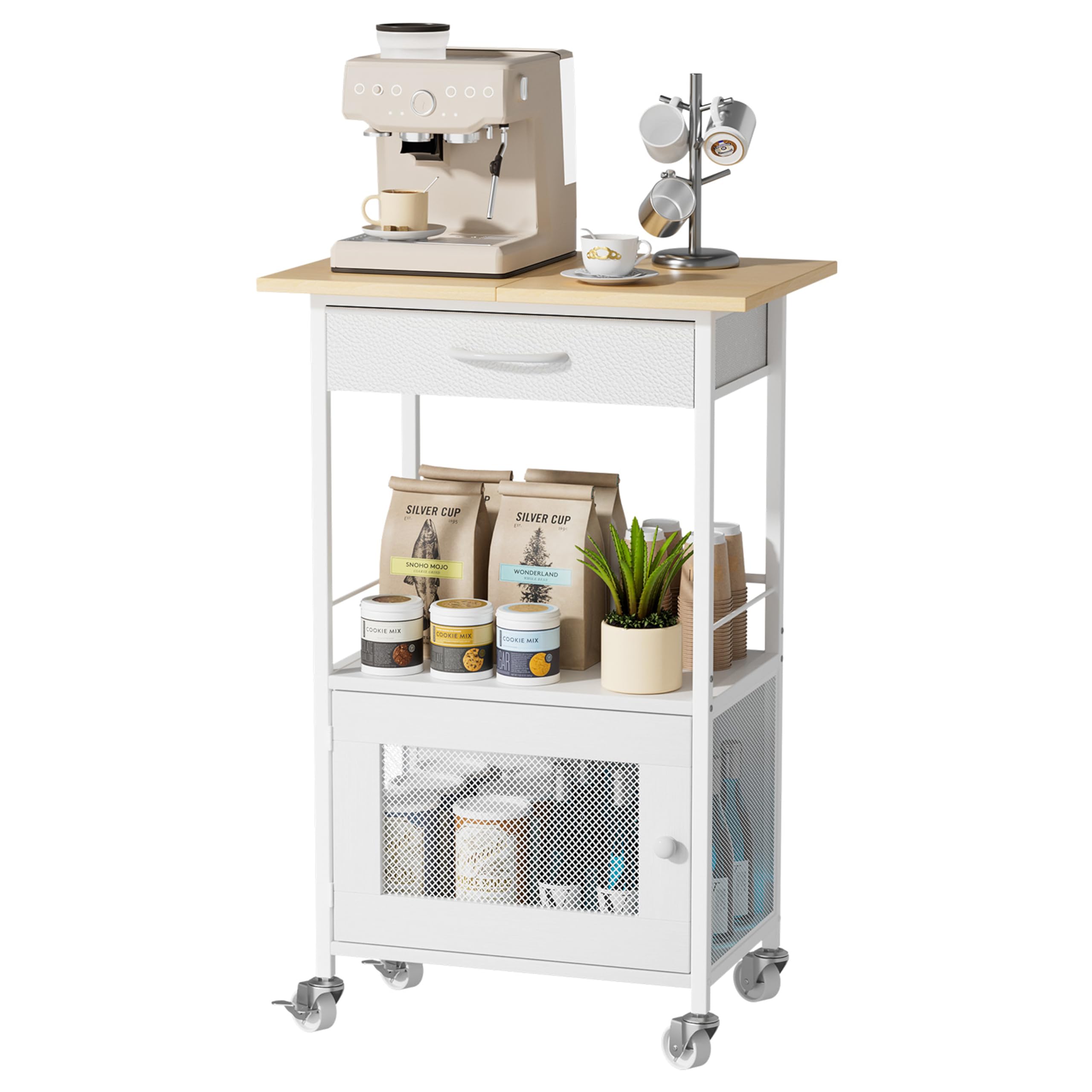 SWTYMIKI Buffets Coffee Bar Cabinet - Rolling Kitchen Rack, Farmhouse Small Coffee Stand with Storage Drawer and Door Cabinet - Kitchen Microwave Stand for Apartment, Living Room, Entryway, Espresso