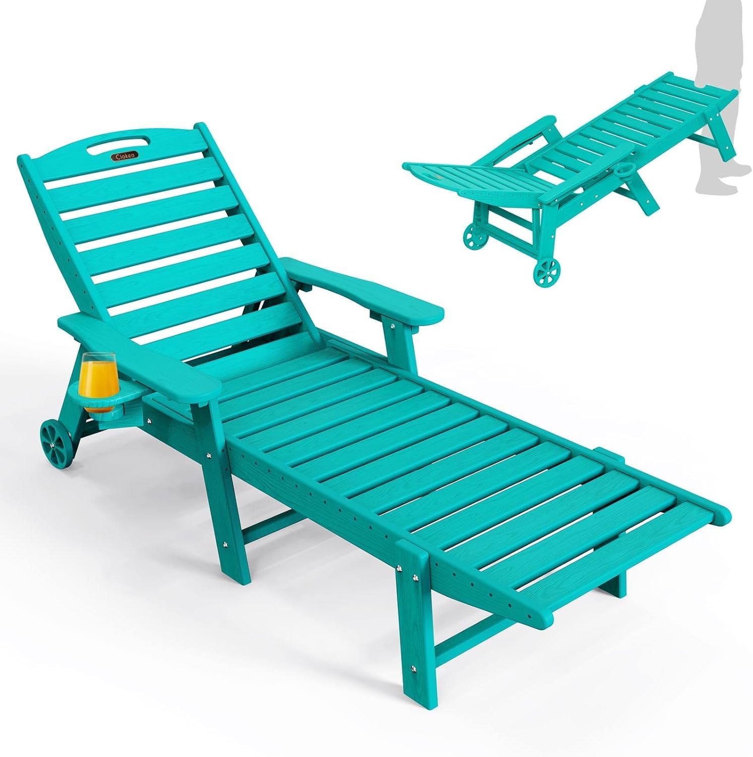 Ciokea Lounge Chair Outdoor, Oversized Chaise Lounge Chair with 5 Positions, HDPE, Patio Lounge Chair with Wheels & Cup Holder for Pool, Deck, Poolside, White