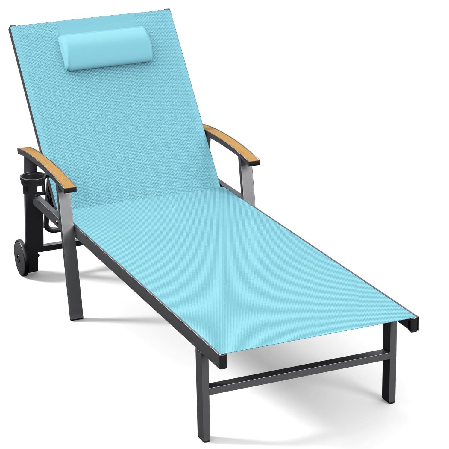 Ciokea Outdoor Lounge Chair with Pillow, 5-Position Aluminum Chaise Lounge with Wheels & Armrests, 400 lbs Heavy Duty Patio Pool Chair for Deck, Backyard, Beach & Poolside, Khaki