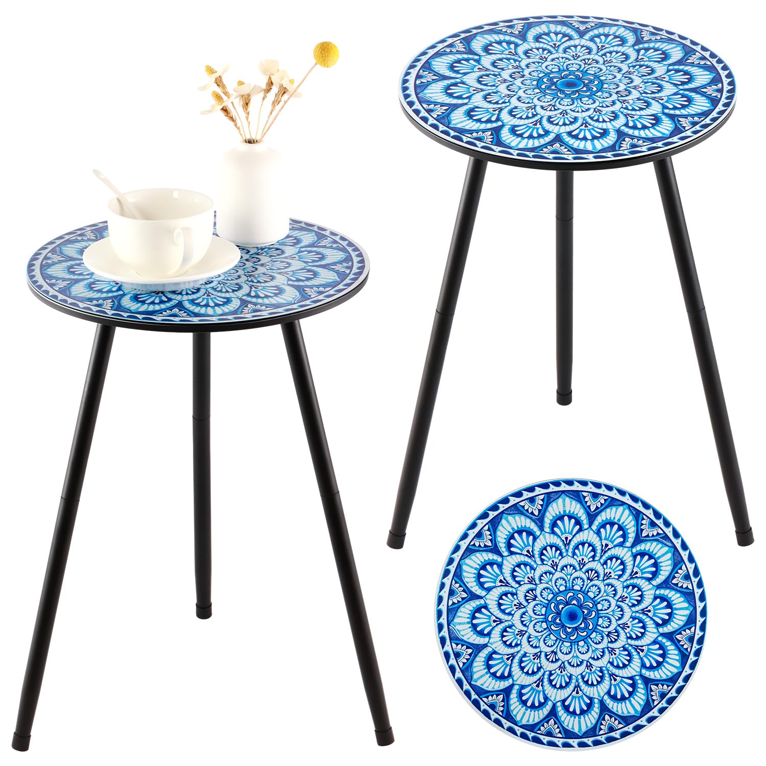 Metal Outdoor Side Tables Set of Two Small Outside Round End Table for Patio Modern Accent Garden Corner Table for Small Spaces, Balcony, Porch, Weather-Resistant, Plant Stand Indoor, Black