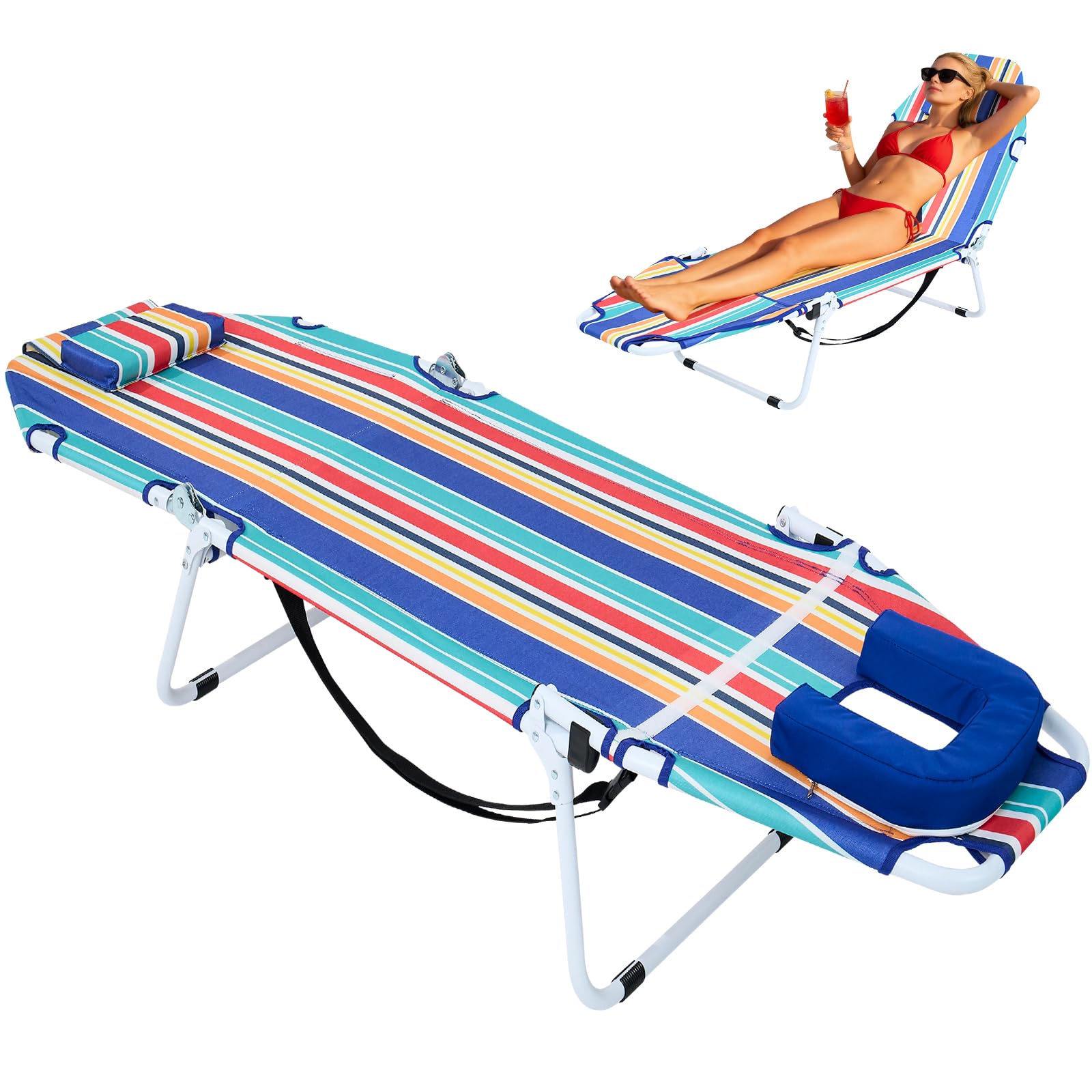 ABORON Heavy Duty Tanning Chair,Outdoor 5-Position Folding Chaise Lounge Chair with Pad,Portable Beach Lounge Chair for Outdoor Sunbathing Patio Pool Lawn Deck Poolside