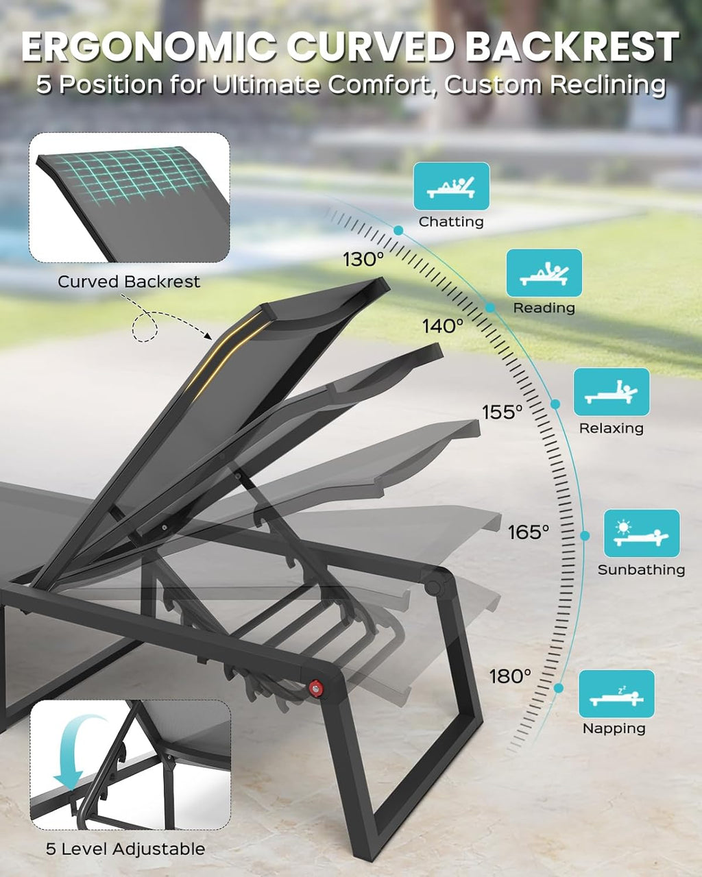 Aluminum Chaise Lounge Chair Outdoor, Foldable & No Assembly Pool Lounge Chairs 5-Position Recliner for Outside Poolside, Fully Grounded Legs Patio Sun Lounger for Pool, Beach, Yard, Dark Grey