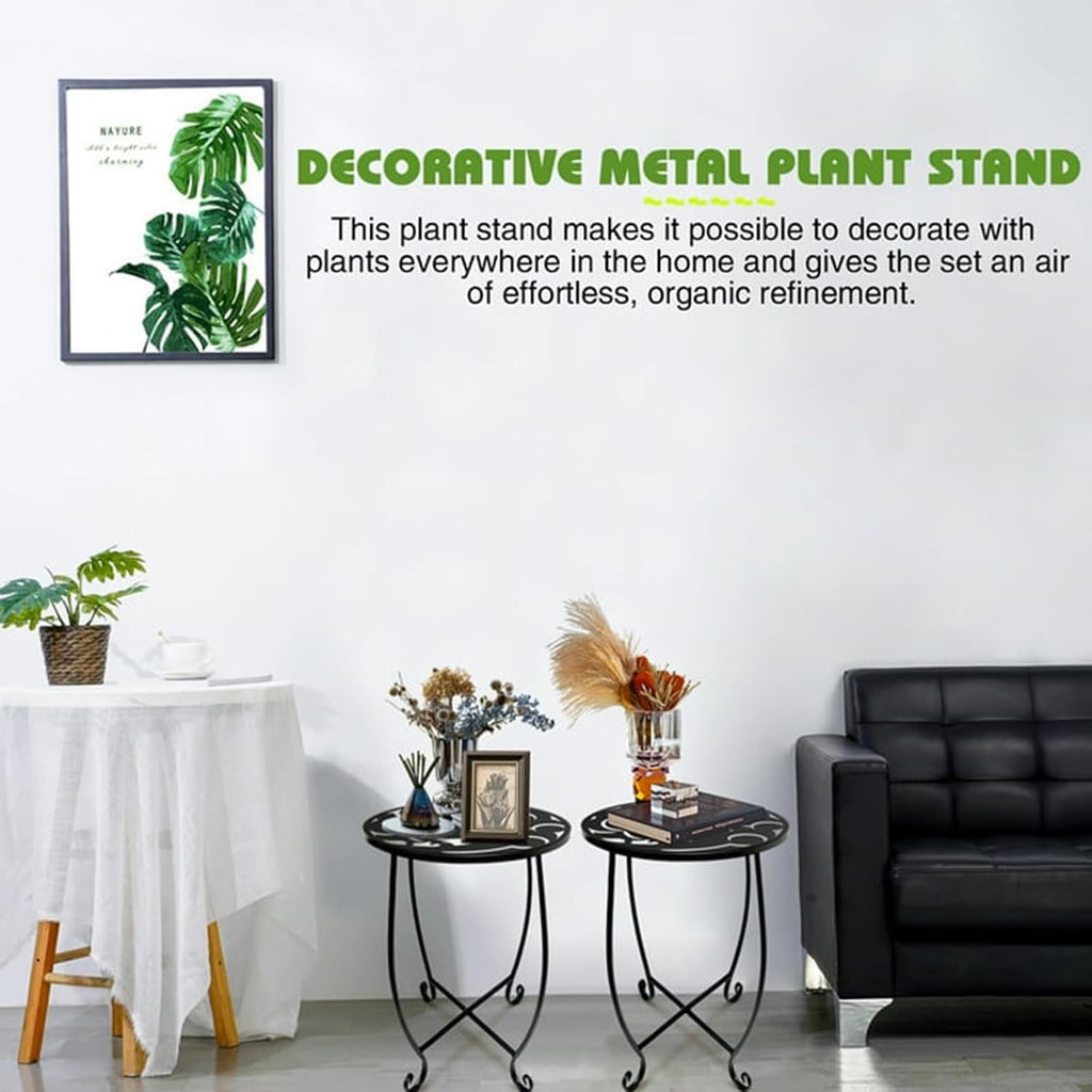 2 Pack 15 Inch Tall Plant Stands Outdoor Indoor, Metal Side Tables for Patio, Weather Resistant Flower Pot Racks with Swirl Pattern, Black End Table Set for Garden Balcony