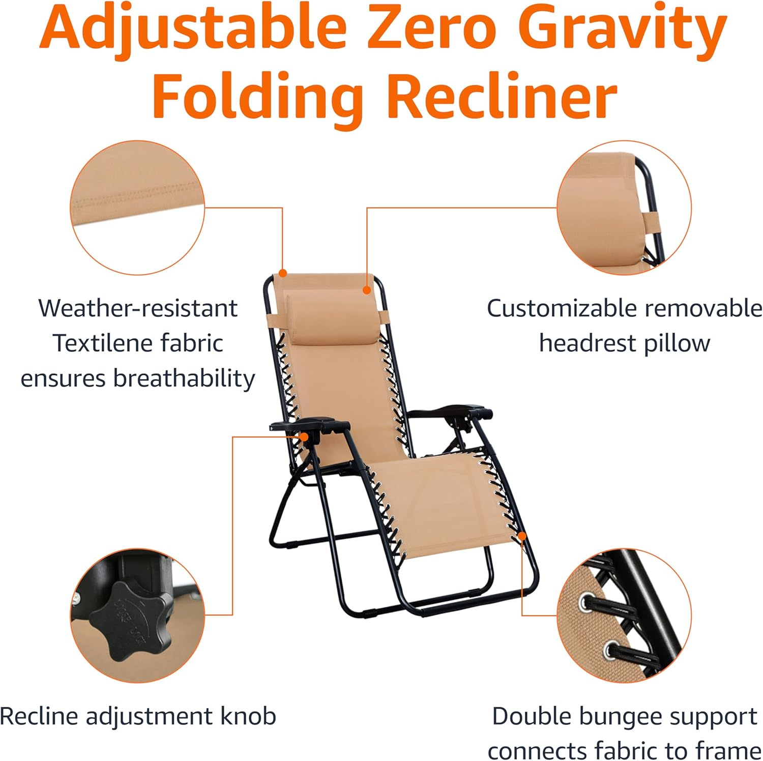 Amazon Basics Outdoor Patio Zero Gravity Folding Reclining Lounge Chair with Padded Headrest Pillow, Adjustable Lawn Chair for Outside, Weather-resistant Textilene, 26", Beige