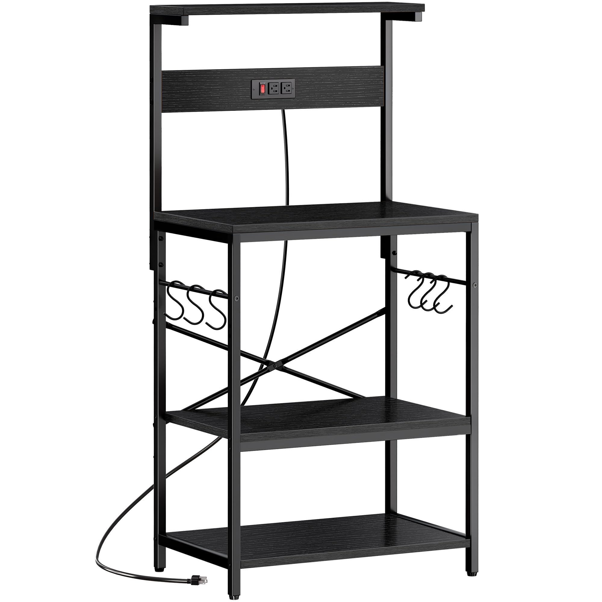 SUPERJARE Kitchen Bakers Rack with Power Outlet, Coffee Bar Table 4 Tiers, Kitchen Microwave Stand with 6 S-Shaped Hooks, Storage Shelf Rack for Spices, Pots and Pans - Rustic Brown