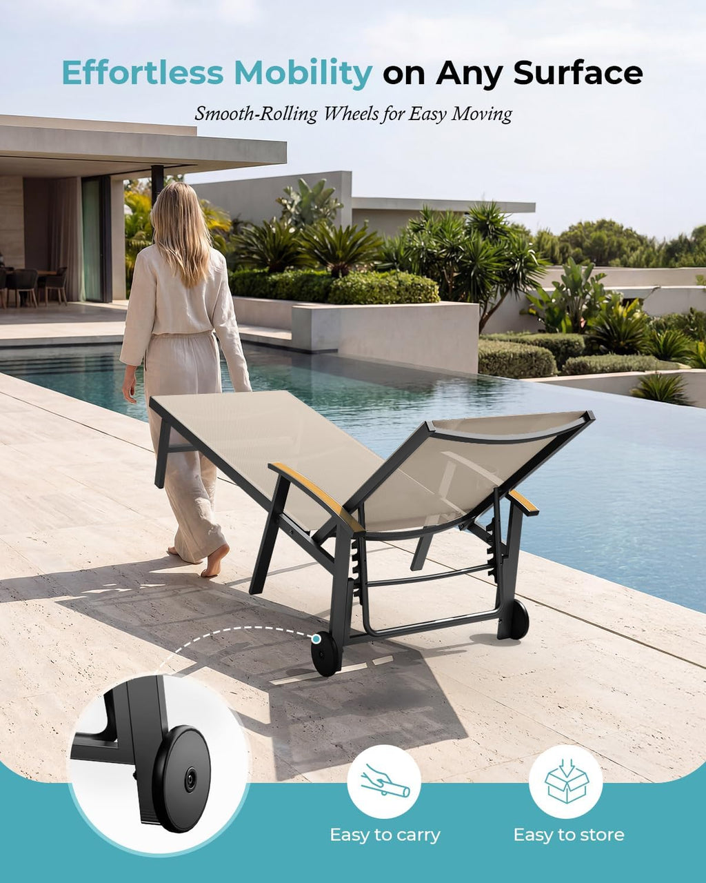 Ciokea Outdoor Lounge Chair with Pillow, 5-Position Aluminum Chaise Lounge with Wheels & Armrests, 400 lbs Heavy Duty Patio Pool Chair for Deck, Backyard, Beach & Poolside, Khaki