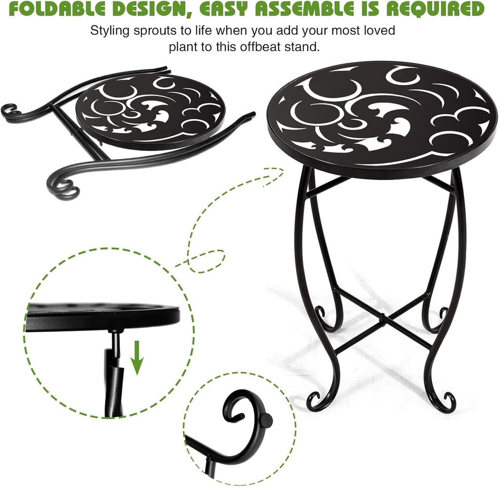 2 Pack 15 Inch Tall Plant Stands Outdoor Indoor, Metal Side Tables for Patio, Weather Resistant Flower Pot Racks with Swirl Pattern, Black End Table Set for Garden Balcony